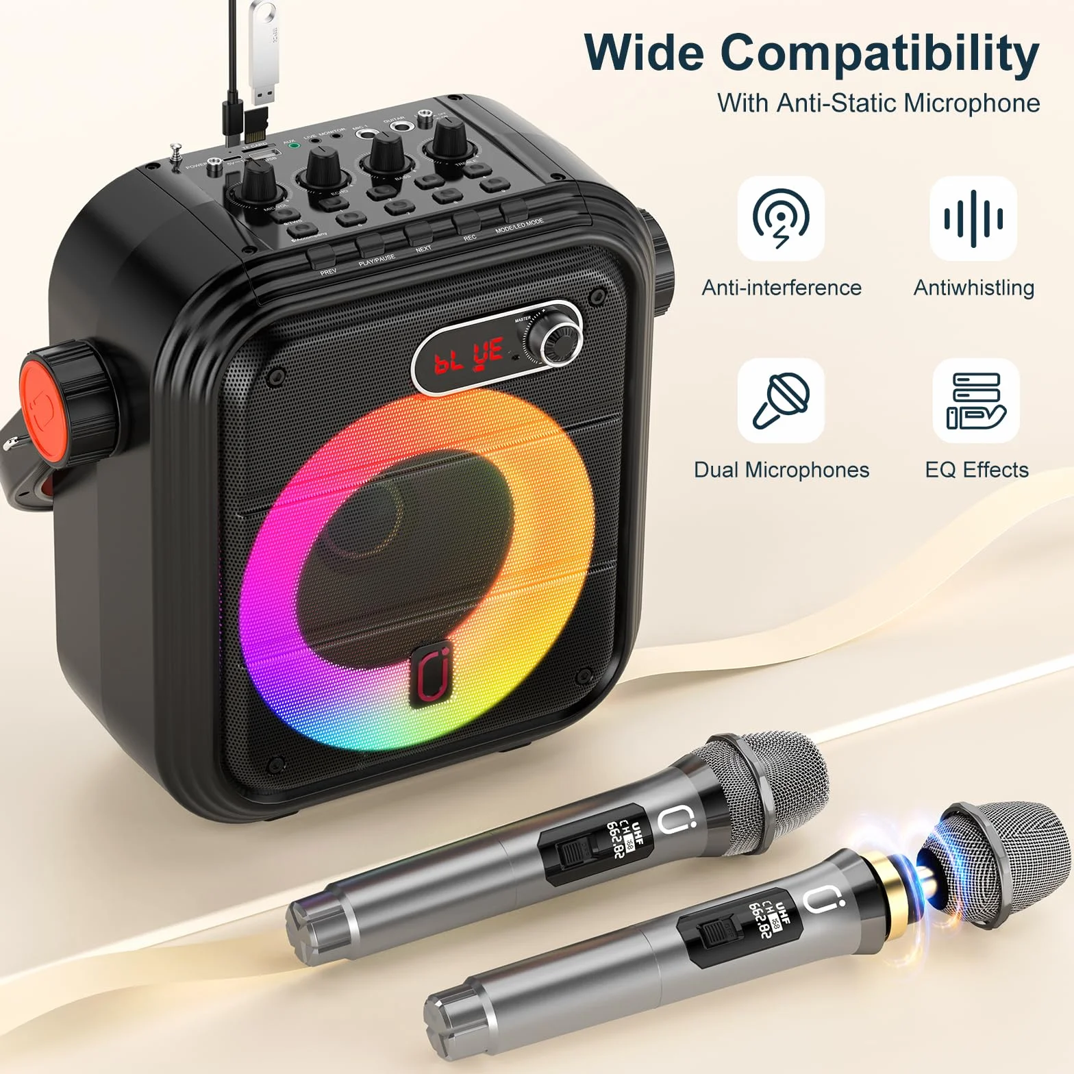 JYX Karaoke Maschine mit 2 kabellose Mikrofones, Tragbaren Bluetooth Lautsprecher mit RGB-Licht Unterstützt TF/USB, AUX,FM,Rec,TWS, Karaoke Anlage für Karaoke, Party, PA-System für Erwachsene/Kinder