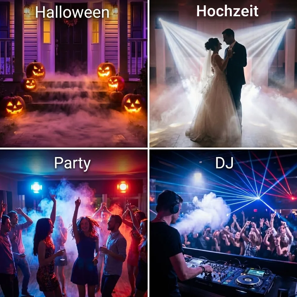 Nebelmaschine 500W mit 8 RGB LEDs & Lichteffekten, Mini Fog Machine mit 3m Kabel-Fußschalter & 2 Funkfernbedienungen, Automatik Rauchmaschine für Halloween, Party, DJ, Bühne & Hochzeit