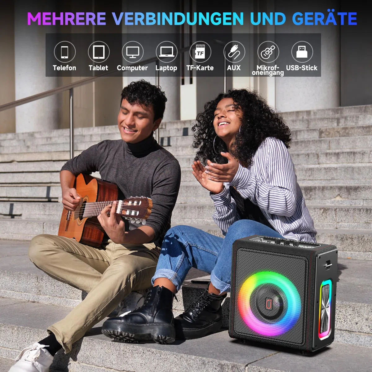 HWWR Karaoke maschine, Tragbarer Bluetooth 5.3 Lautsprecher, Karaoke Anlage mit 3 mikrofonen, 300W Vintage Leder PA Anlage mit Tonhöhenkorrektur, Unterstützung für TV/TWS/TF-Karte/USB/AUX/Live (3MICS)