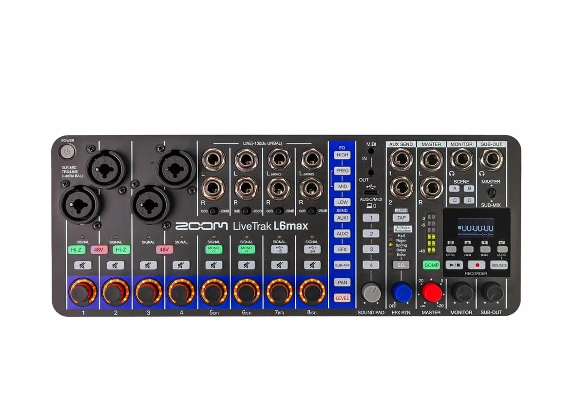ZOOM LiveTrak L-6max tragbarer 12-Spur-Digitalmixer, Mehrspur-Recorder und Audio-Interface für Bands, Live-Streaming & Studio, 32-bit, XLR-TRS, KI Noise Reduction, OLED, Effekte