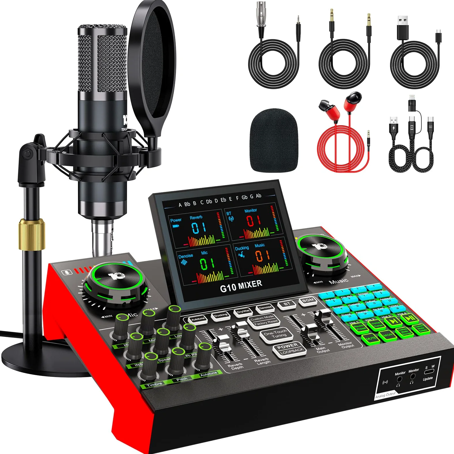 Podcast Mikrofon Set mit Audio Mixer, 3,5mm Kondensator Mikrofon für Streaming & Gesang, Voice Changer, Rauschunterdrückung, Plug & Play für PC, Handy, YouTube & TikTok Creator