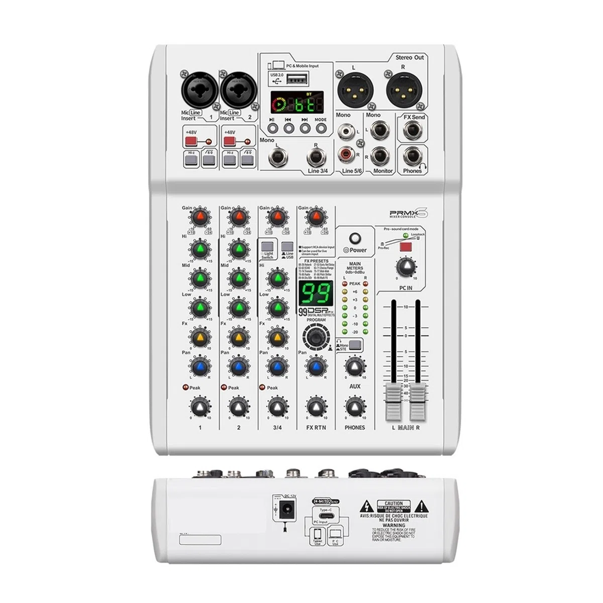 Audiomixer, Mixer DJ-Konsole 99 DSP-Effekte Mischpult PRMX-6 mit 5.0 BT 24bit/192k for die Aufnahme von Musikinstrumenten