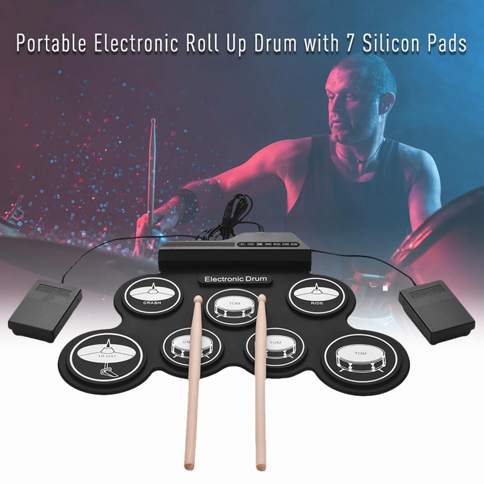 Ejoyous Elektronisches Schlagzeug, 7 Silikon-Drum-Pads mit 5 Stimmungen, 8 Demo-Songs, 3 Rhythmen, Aufrollbares Schlagzeug-Übungspad mit MP3-Eingang, für Smartphones und Tablets