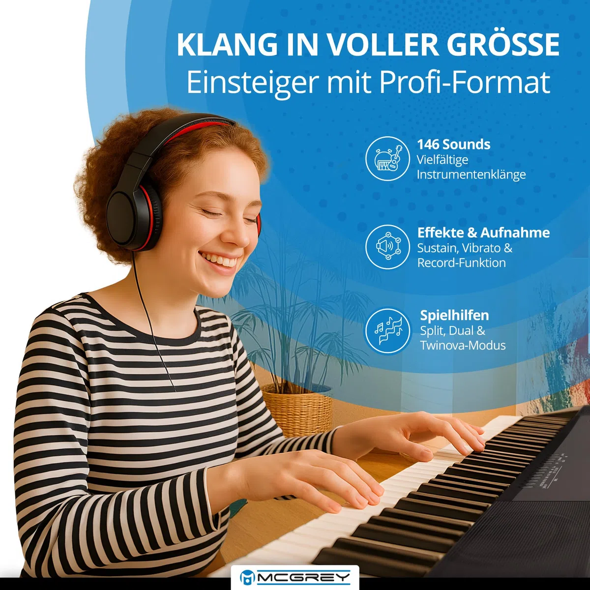 McGrey SK-88 Keyboard Super Kit - Einsteiger-Keyboard in Stagepiano-Optik mit 88 Tasten - 146 Klänge - inklusive Sustain-Pedal, Keyboardständer, Hocker und Kopfhörer - schwarz