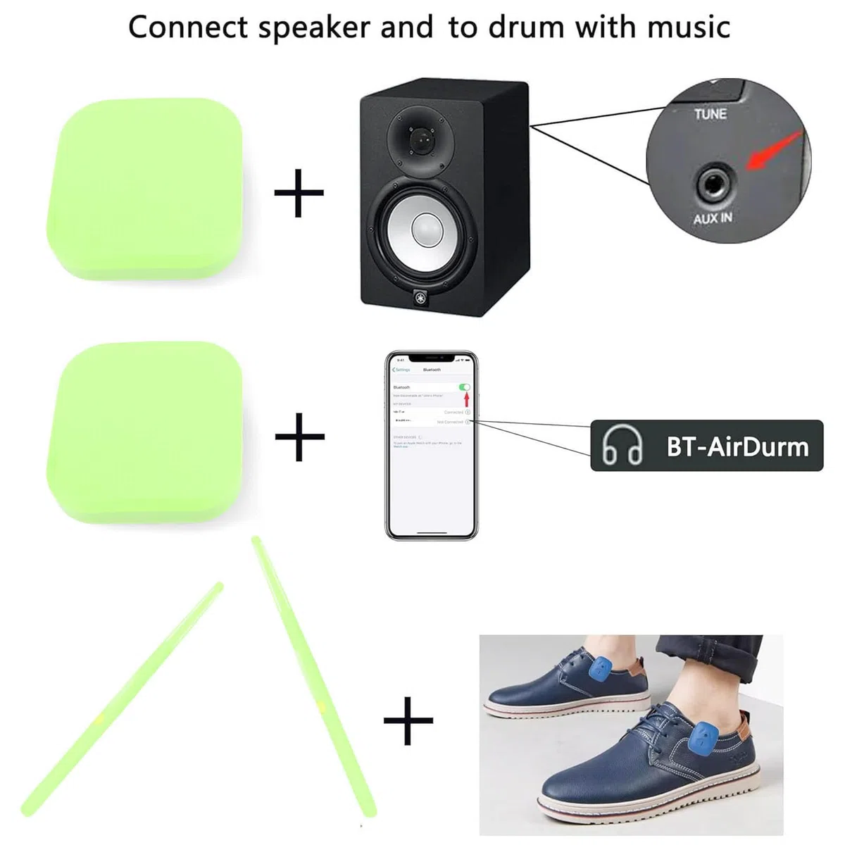 Elektrische Lufttrommel Set, Virtuelle Drumsticks Set, RGB Tragbar 3D-Bewegungsempfindung Air Drum Kit Mit & 8 Sounds für Erwachsene Percussion Accessoires (GREEN)
