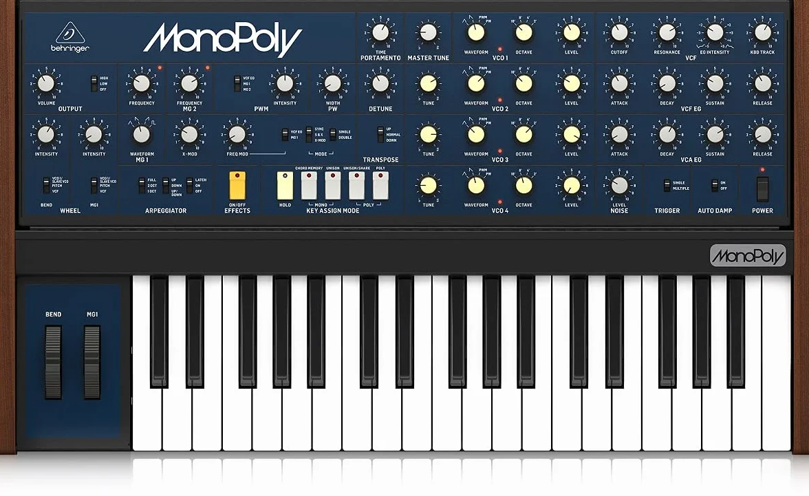 Behringer MONOPOLY Analoger 4-stimmiger polyphoner Synthesizer mit 37 Tasten in voller Größe, 4 VCOs, VCF, 2 LFOs, 2 Hüllkurven, Sync- und Cross-Modulation und Arpeggiator