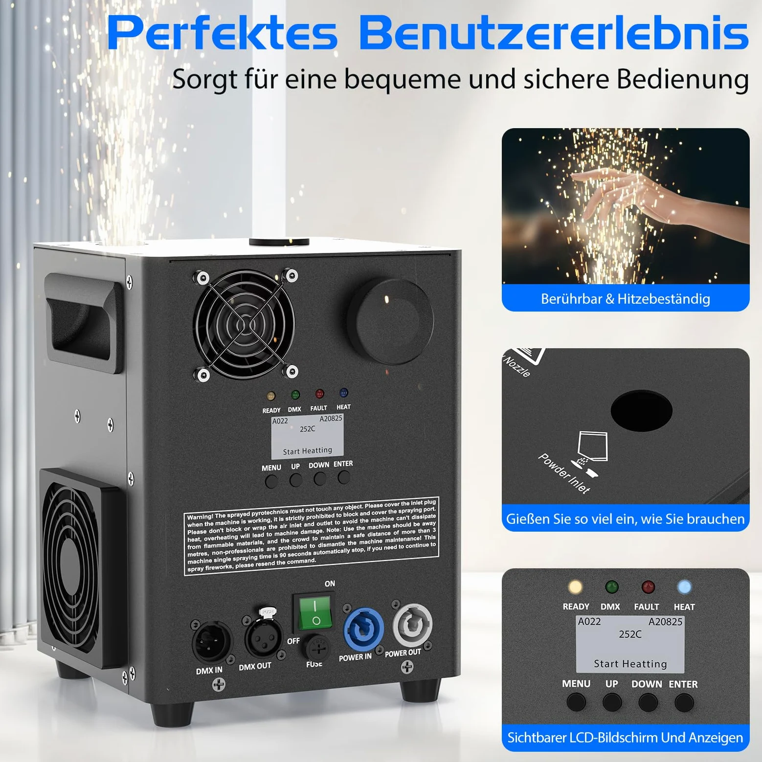 1000W Pyrotechnikmaschinen, 2 DMX Cold Spark Maschine mit Flightcase Widerstandsheizung für Partys, Weihnachten, DJ, Hochzeiten, Sportveranstaltungen