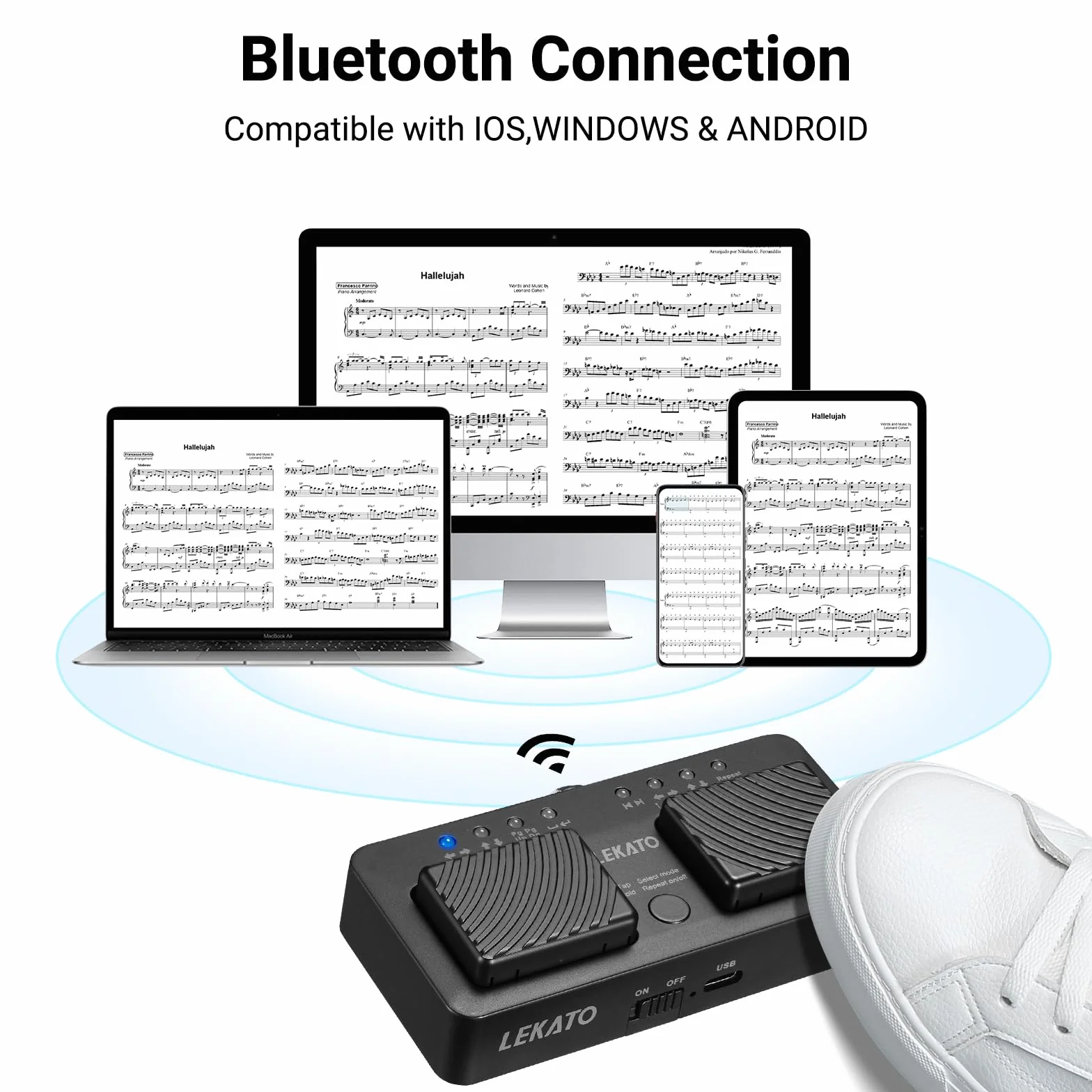 LEKATO Bluetooth Page Turner Pedal für Tablet Smartphone, Wiederaufladbares Page Turning Pedal, Drahtloser Seitenwender Silent Sheet Music Page Turner Pedal Bluetooth Fußschalter