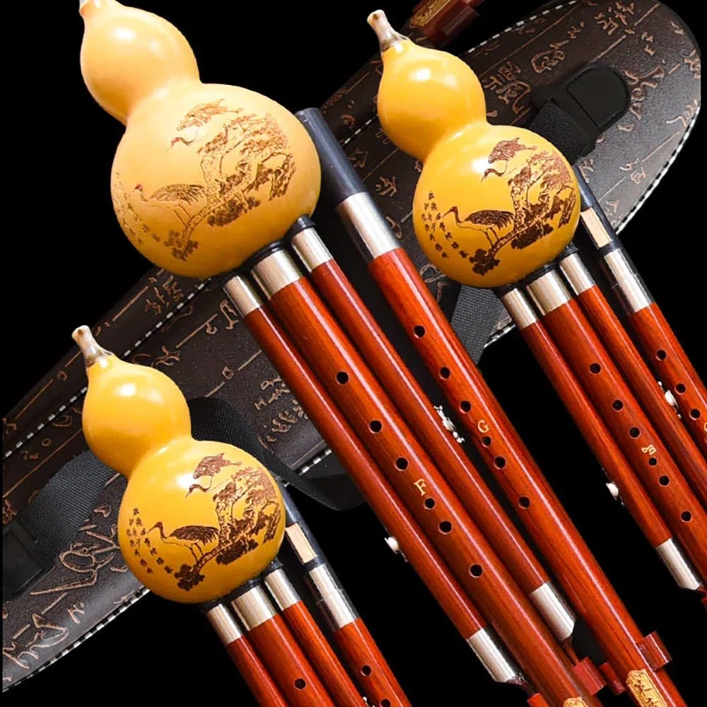 Hulusi Bambus-Kürbis-Cucurbit-Flöte, professionelle Rotholz-Doppelton-Hulusi-Flöte, F+G-Schlüssel/Bb+C-Schlüssel/Moll-D+C-Taste mit chinesischem Knoten, Instrumentenbox (F+G-Taste)