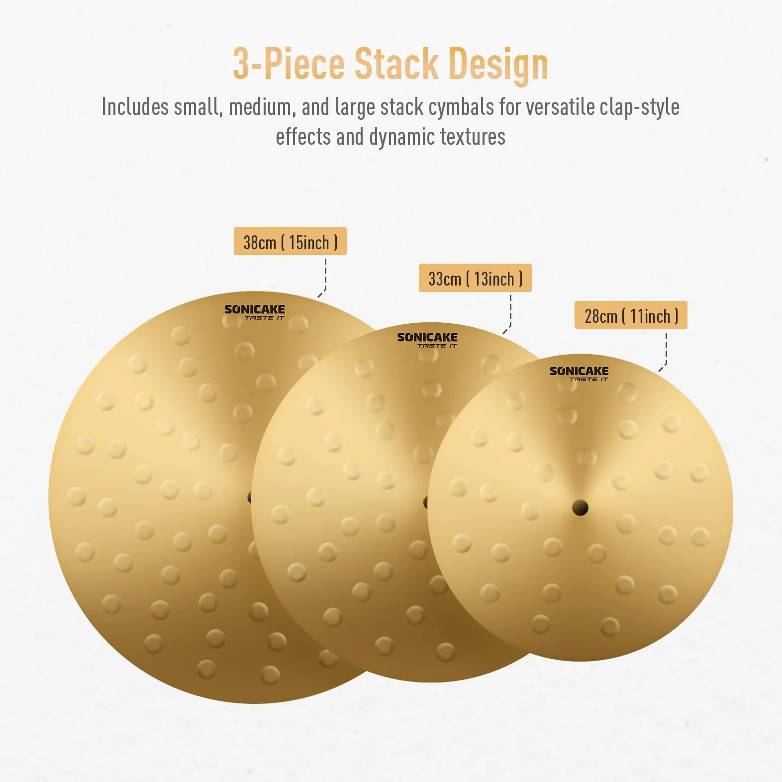 SONICAKE Clap Stack Effect Becken Set 11"+13"+15" Stackbar, aus Massivmessing für Drum Kit, Übung, Studio & Bühne 3 Stück