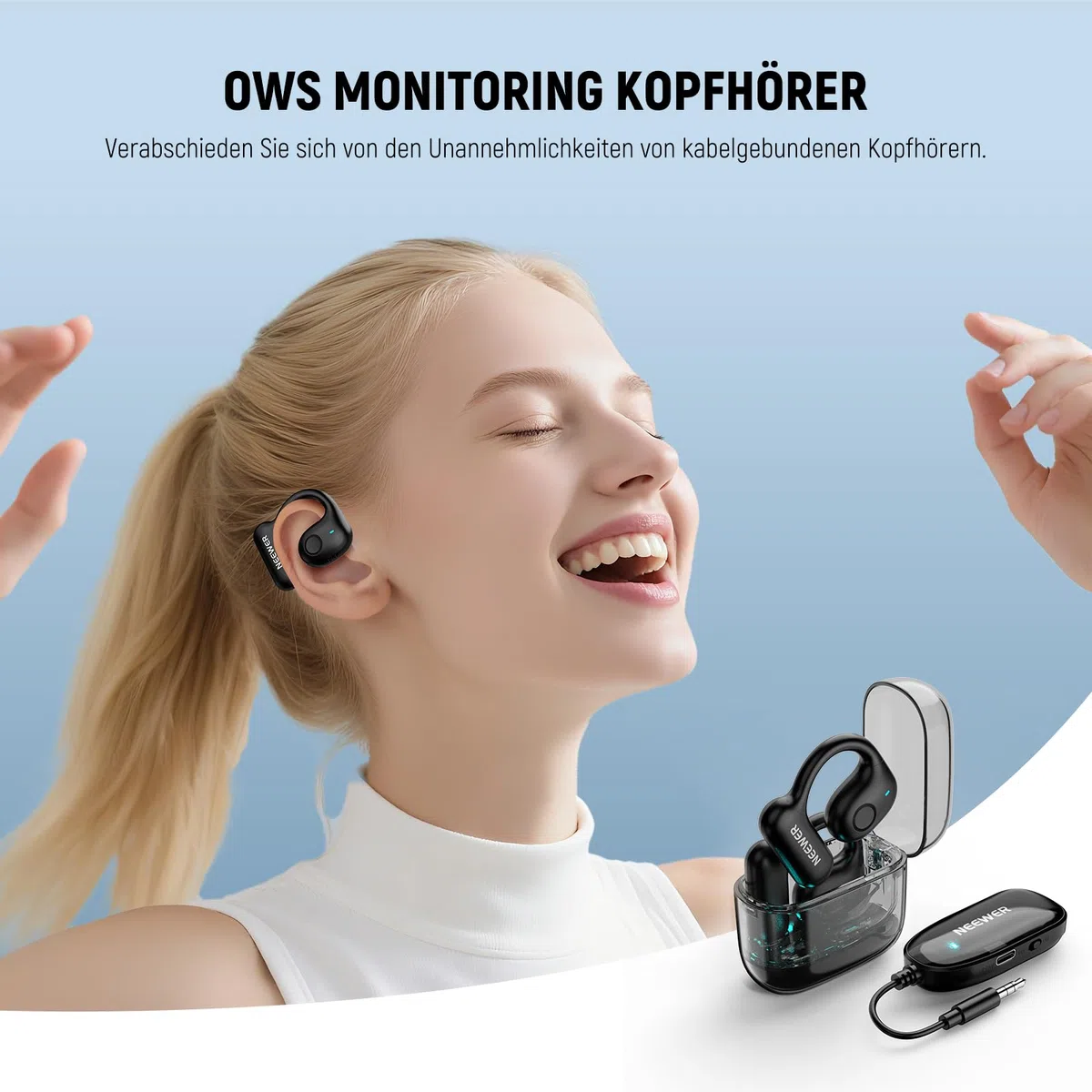 NEEWER EB01 2,4GHz Funkdongle OWS Echtzeit Überwachung ohne Latenz Kopfhörer mit Geräuschunterdrückung Mono Track 30m 24 Std. Ohrhörer für 3,5mm TRS Monitorbuchse Lavalier Mik/TV/Handy/Laptop/PC