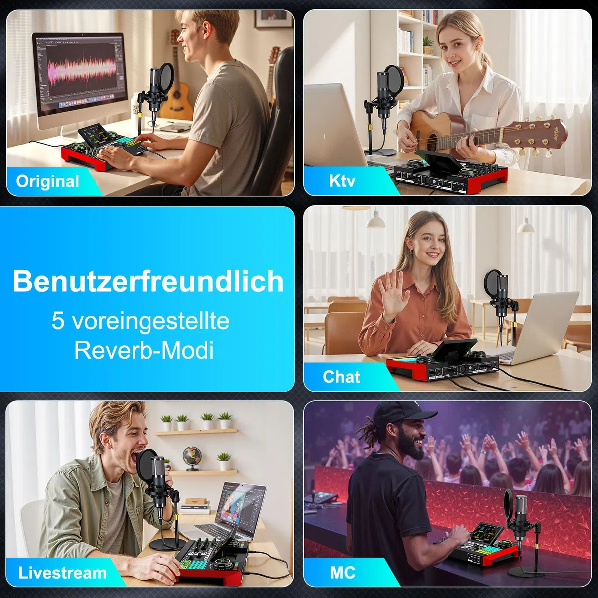Podcast Mikrofon Set mit Audio Mixer, 3,5mm Kondensator Mikrofon für Streaming & Gesang, Voice Changer, Rauschunterdrückung, Plug & Play für PC, Handy, YouTube & TikTok Creator