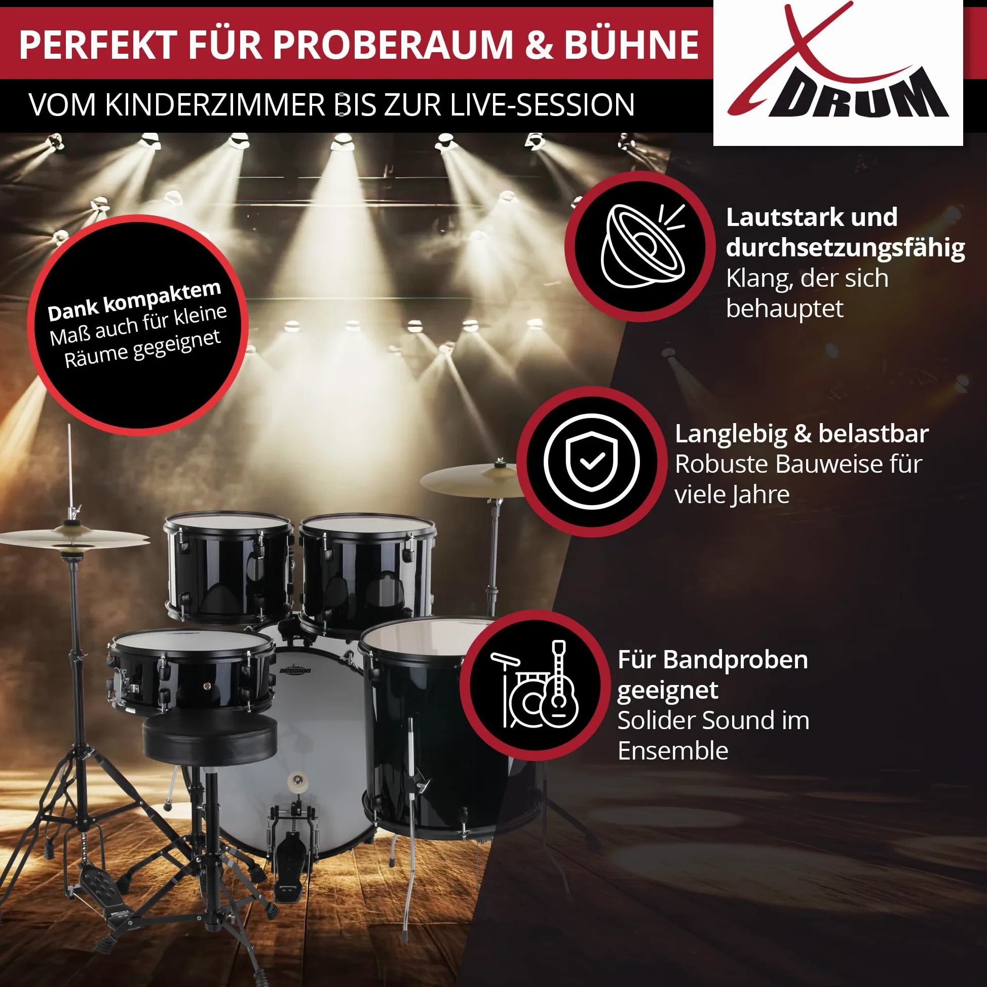 XDrum Rookie 22" Fusion Schlagzeug Komplettset Black - Ideal für Einsteiger - Stylische Hardware in schwarz - Inkl. Drumsticks, Aufbauanleitung und Schlagzeugschule - Schwarz