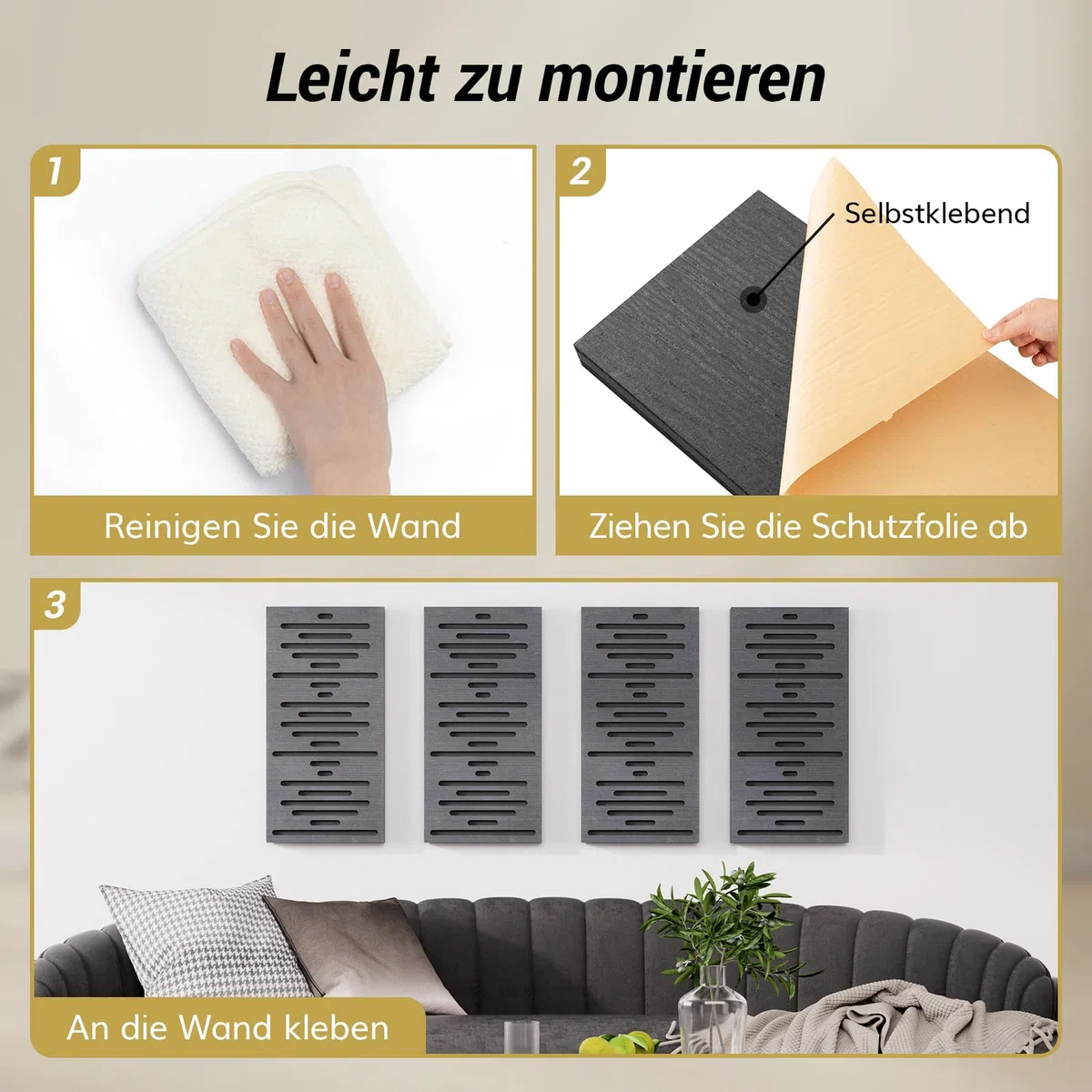 TONOR Holzfurnier Akustikpaneele Selbstklebend, 4 Stück 60 x30x4,7cm Akustikplatten Wandpaneele Holzoptik, Akustik paneele für Akustische Behandlung und Wanddekoration, Wohnzimmer, Büro, Schwarz
