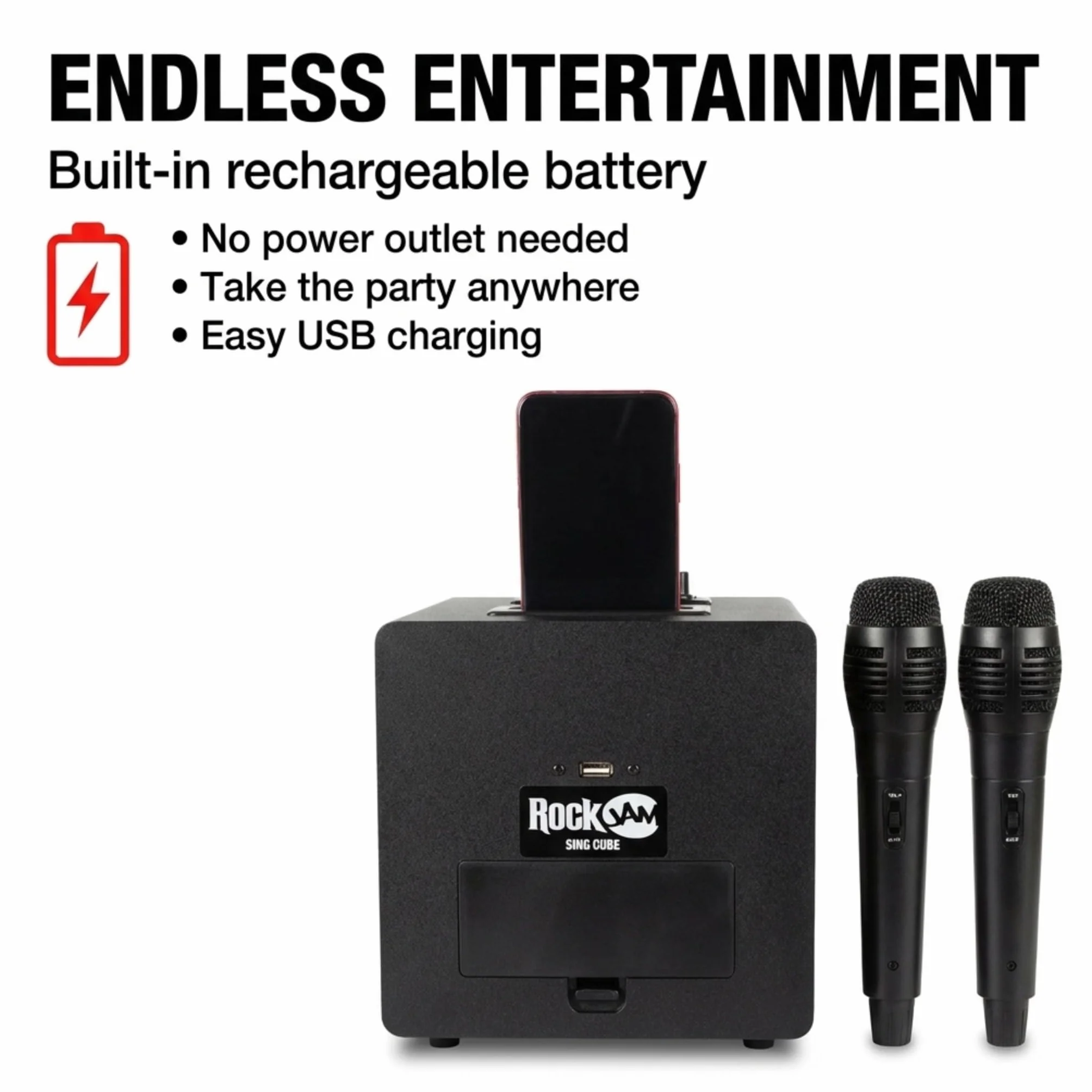 RockJam Singcube 5-Watt Rechargeable Bluetooth Karaoke Machine with Two Microphones, Voice Changing Effects & LED Lights