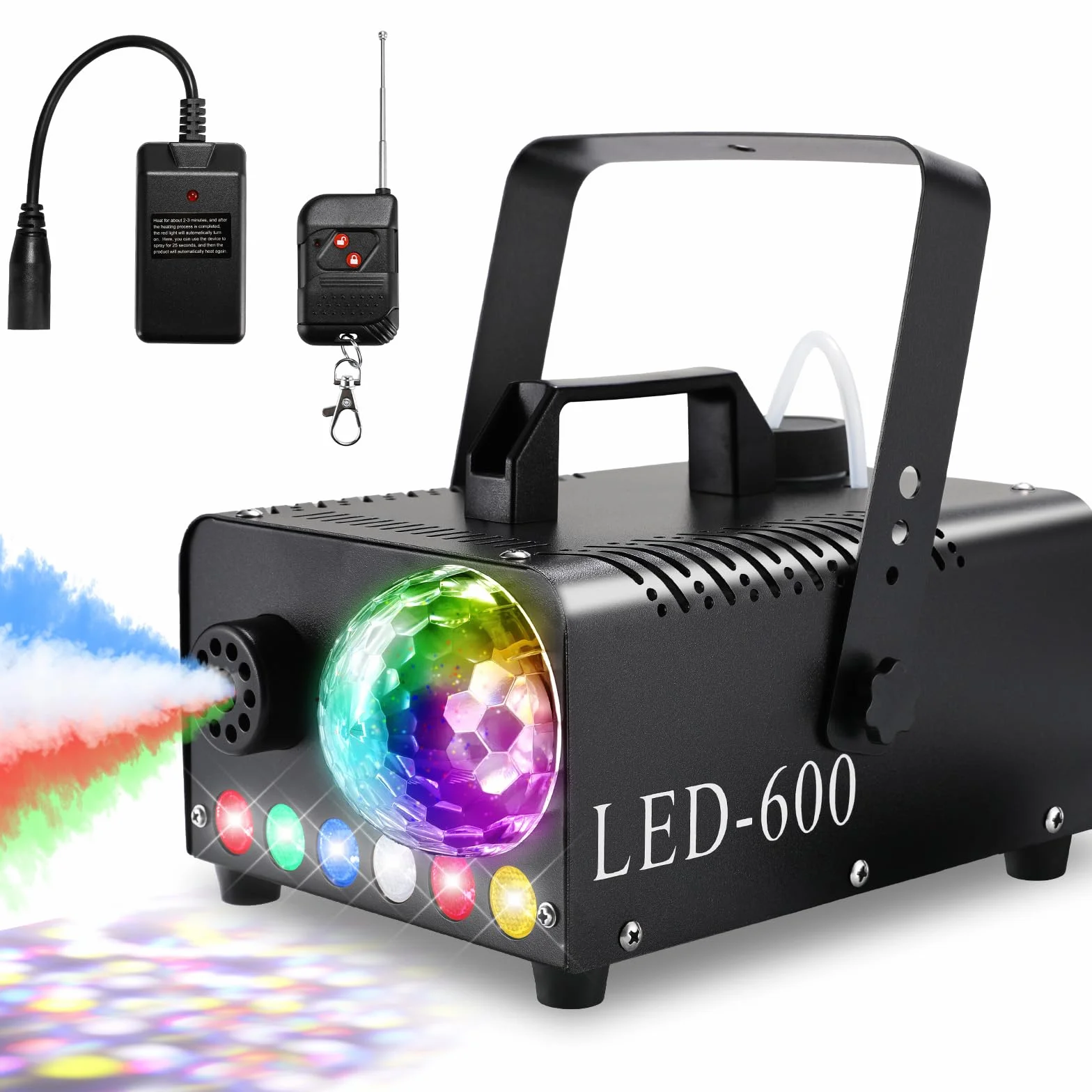 MAMIZO Nebelmaschine mit Discokugel, 600W 5000 CFM Smoke Machine, 6 LED RGB Licht Fog Machine, Mini Fog Rauchmaschine mit Automatischer Sprühfunktion, Ideal für Halloween, Hochzeiten und Partys