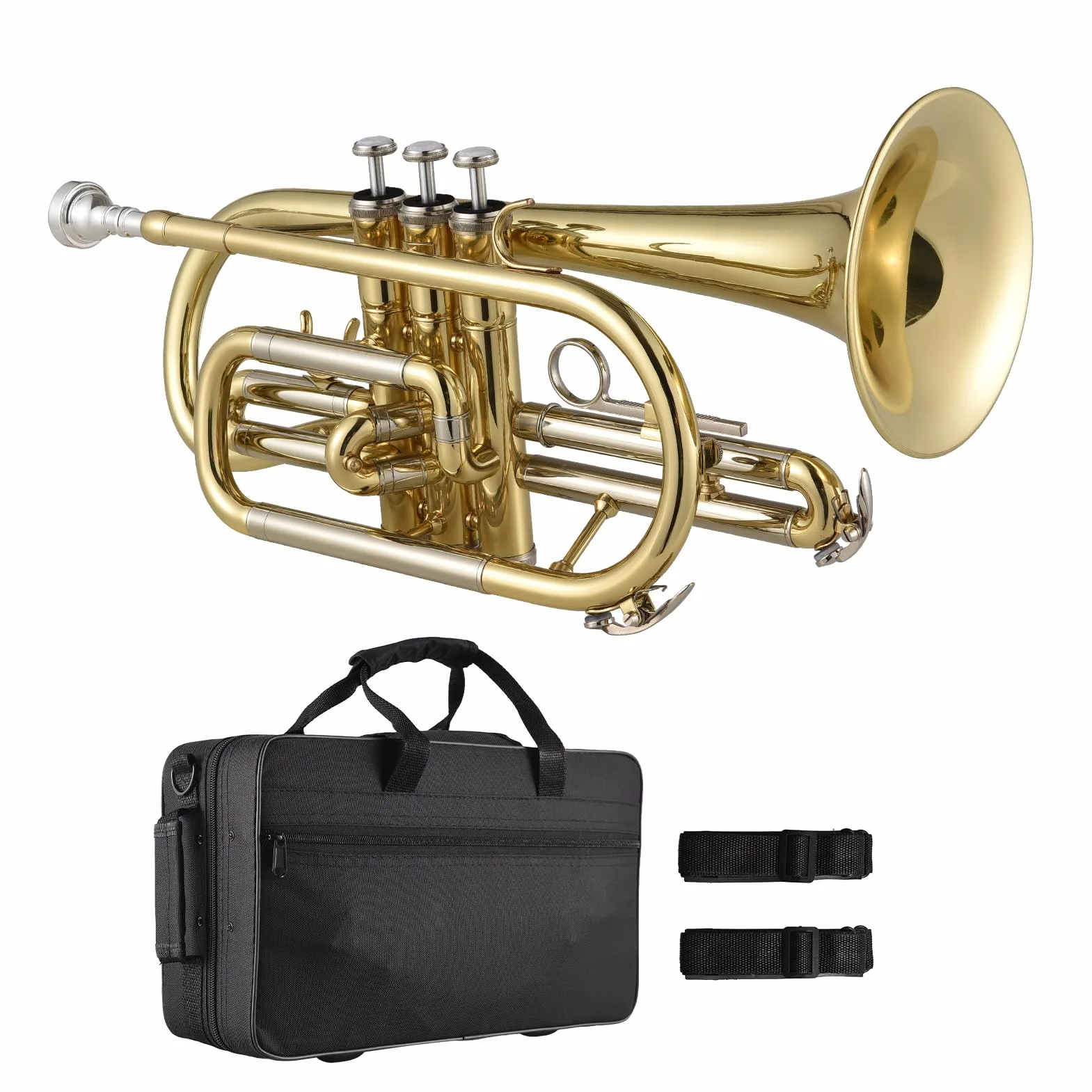 Btuty Bb-Kornett, Messing, Ventile Edelstahl, mit einem multifunktionalen Hartschalenkoffer, Handschuhen, Reinigungstuch, Bürsten, Ideal für Schüler und Anfänger, Gold/Silber