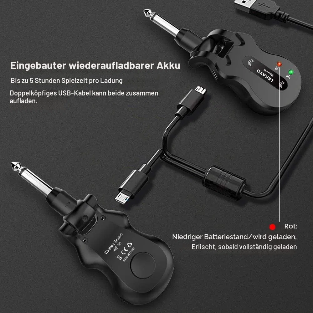 LEKATO 5,8 GHz Drahtloses Gitarrensystem Drahtloses Gitarrensystem Wiederaufladbares digitales Gitarrenkabel mit starker Anti-Interferenz-Fähigkeit für Bassgitarren