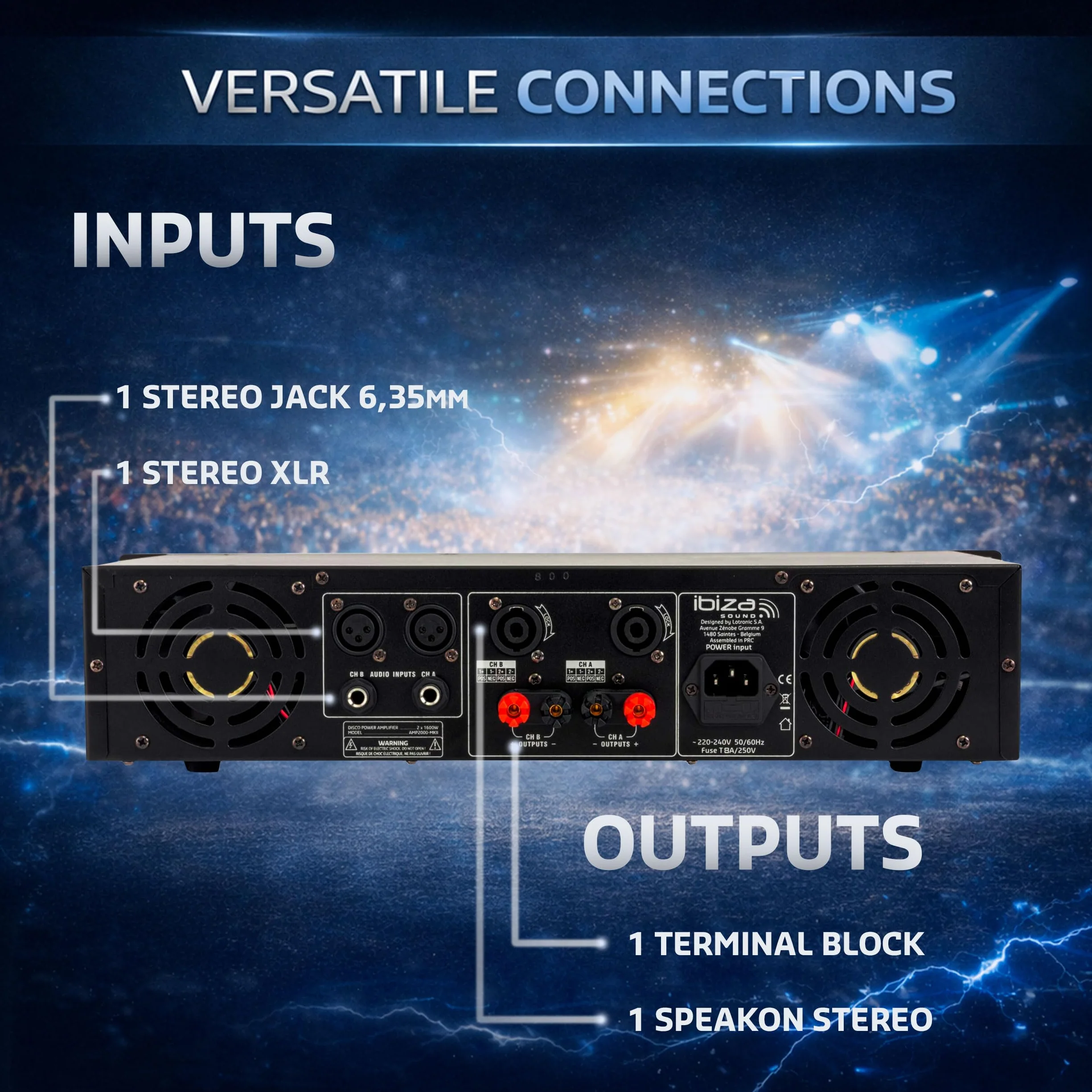 Ibiza AMP2000-MKII Professioneller PA-Verstärker 2x1500 W – 19-Zoll-Rack-montierbarer Stereo-Leistungsverstärker mit XLR-/Klinkeneingängen, Speakon-/Klemmenblock-Ausgängen und elektronischem Schutz