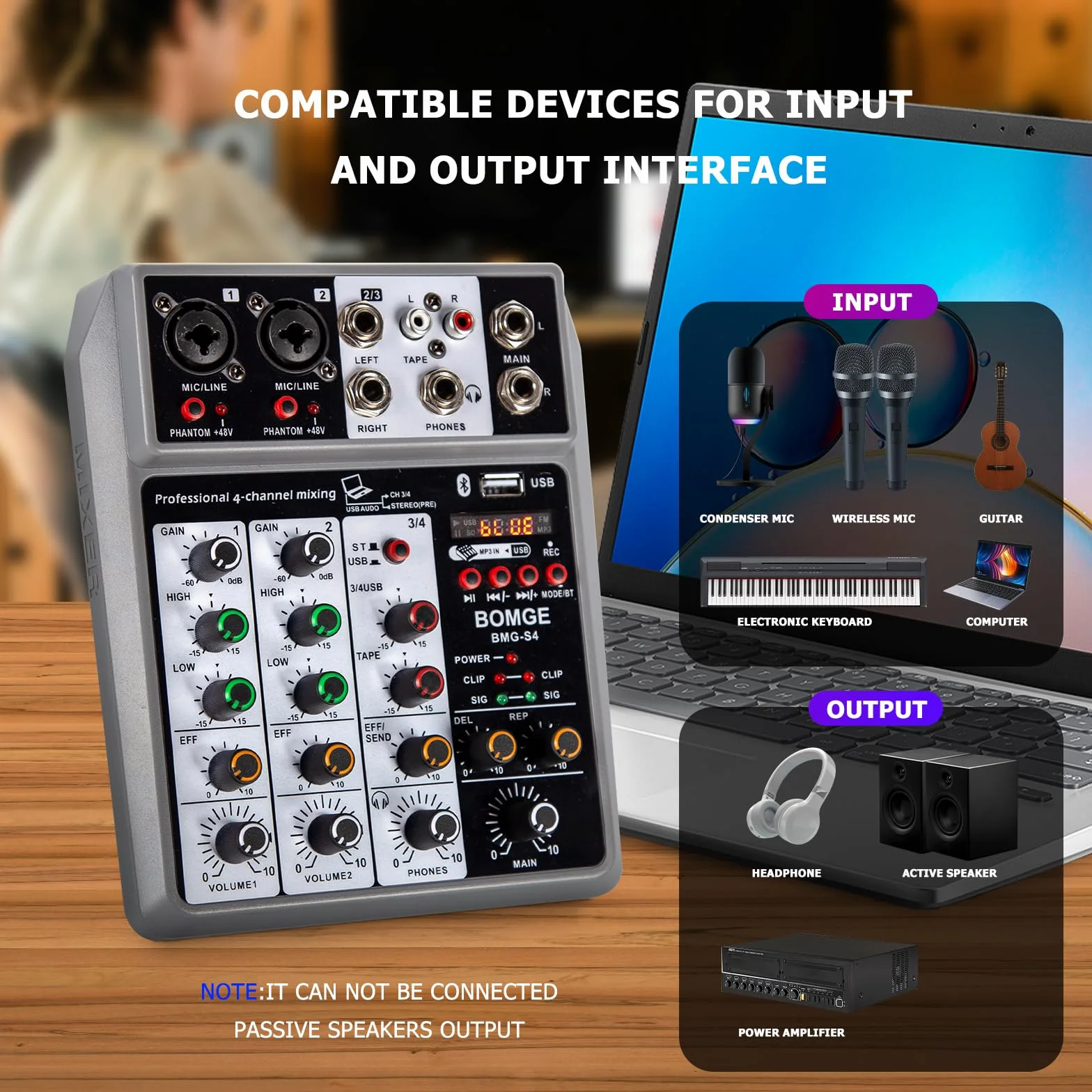 BOMGE Professioneller Audio-Mixer, Soundboard-Mischpult mit 4-Kanal-Digital-USB-Bluetooth-Echo-Delay-Effekt, Eingang 48 V Phantomspeisung, Stereo-DJ-Mixer für Aufnahme, Live-Streaming, Podcasting