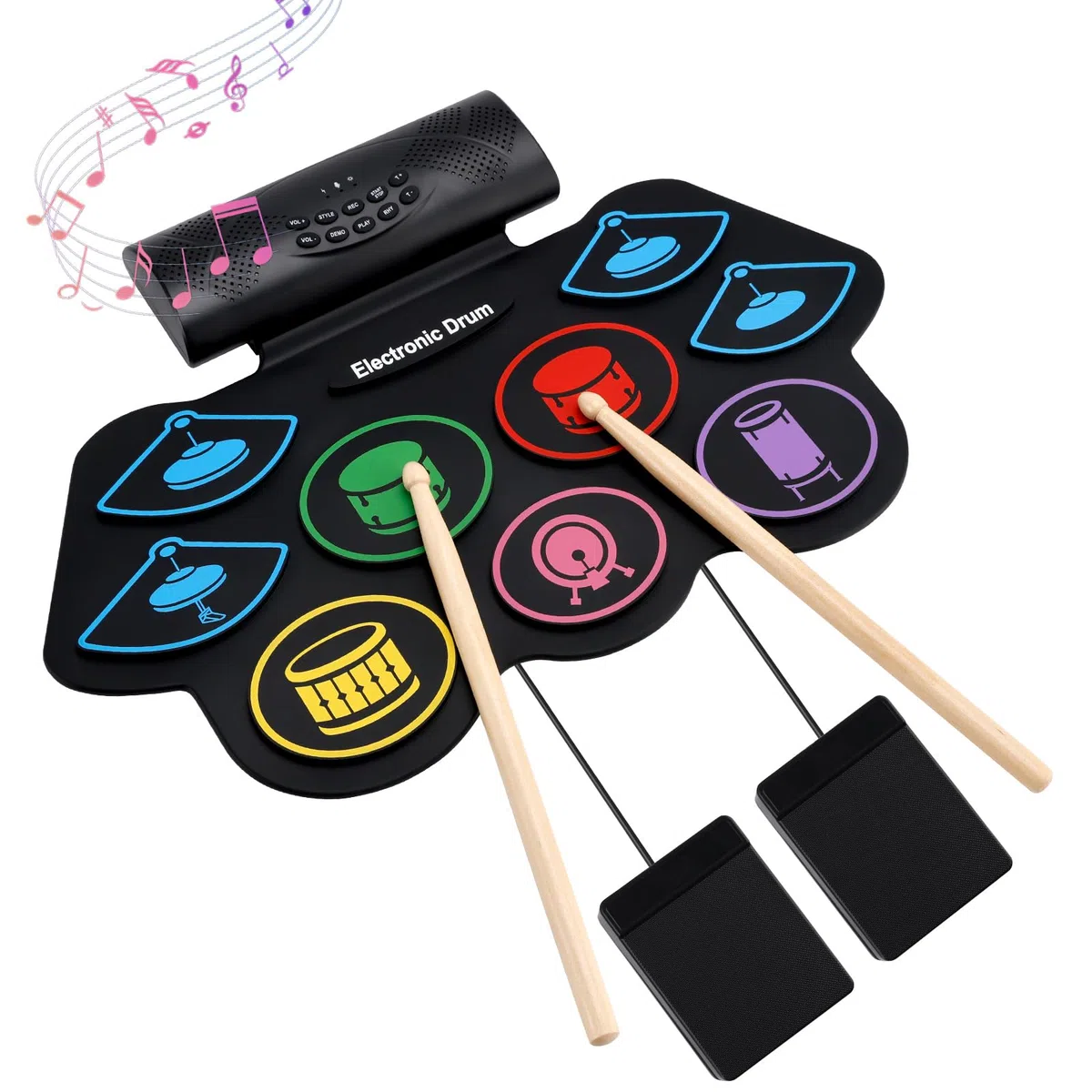 Topteng 9-Pad Schlagzeug Elektronisch, Handroll E-Drum Set mit Stereo-Lautsprechern & Fußpedalen, Tragbares Silikon Drum Pad Kit mit Kopfhöreranschluss, Musikinstrument Geschenk für Kinder & Anfänger