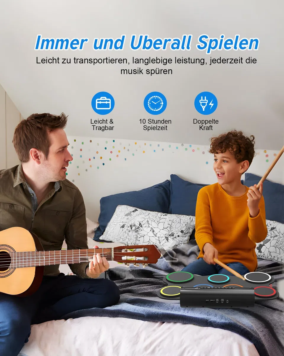 Schlagzeug Elektronisch, 7 Pads Faltbares Elektronisches Schlagzeug mit Drumsticks und Dual Speakers, Farbe Tragrbares Elektrische Drum set für Kinder, Anfänger Geburtstag und Geschenk