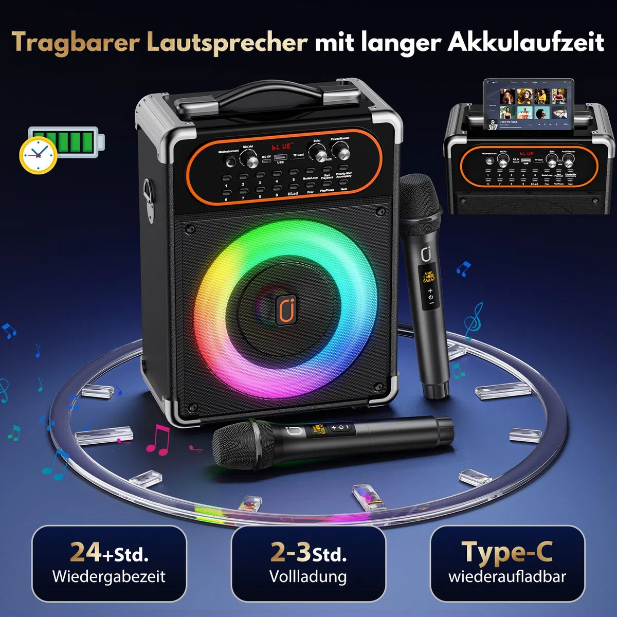 HWWR Karaoke Maschine, Karaoke Anlage mit 2 Mikrofonen Tragbarer Bluetooth 5.3-Lautsprecher mit PA-Anlage mit Echo-Einstellung, Unterstützung für TWS/TF-Karte/USB/AUX/TV-Anschluss, Bühnensubwoofer