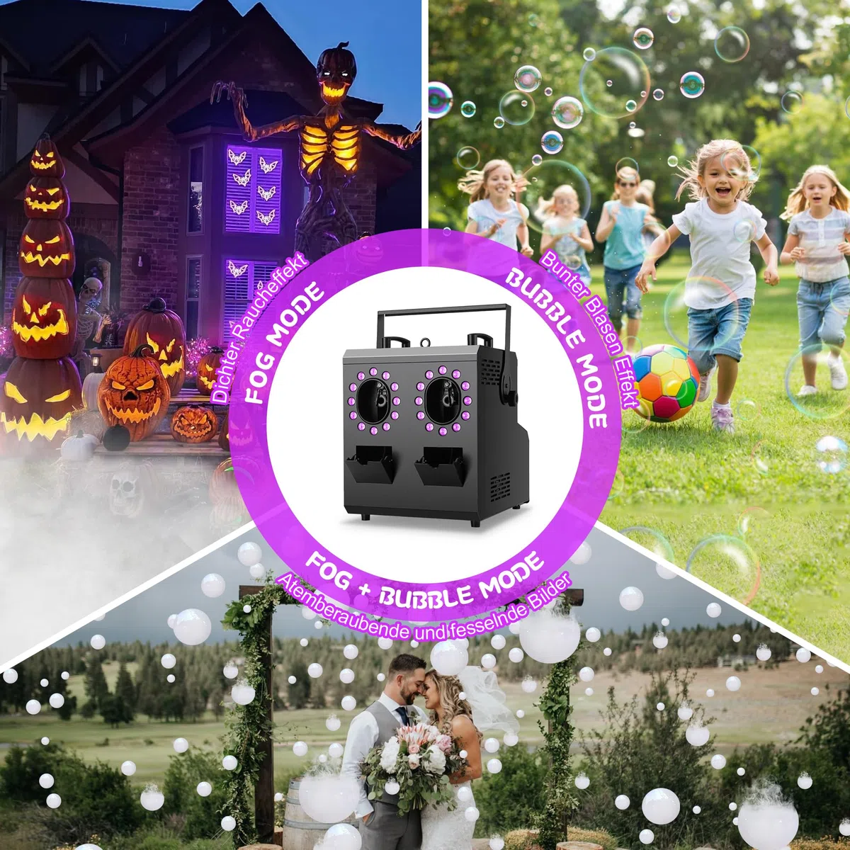 Telbum Nebelmaschine mit Fernbedienung,1500W 24LED RGBW 3IN1 Nebelblasenmaschine DMX,Rauchmaschine mit Blasen,Fog Bubble Machine,Seifenblasenmaschine,Rauchblasenmaschine für Party DJ Bühne Hochzeit