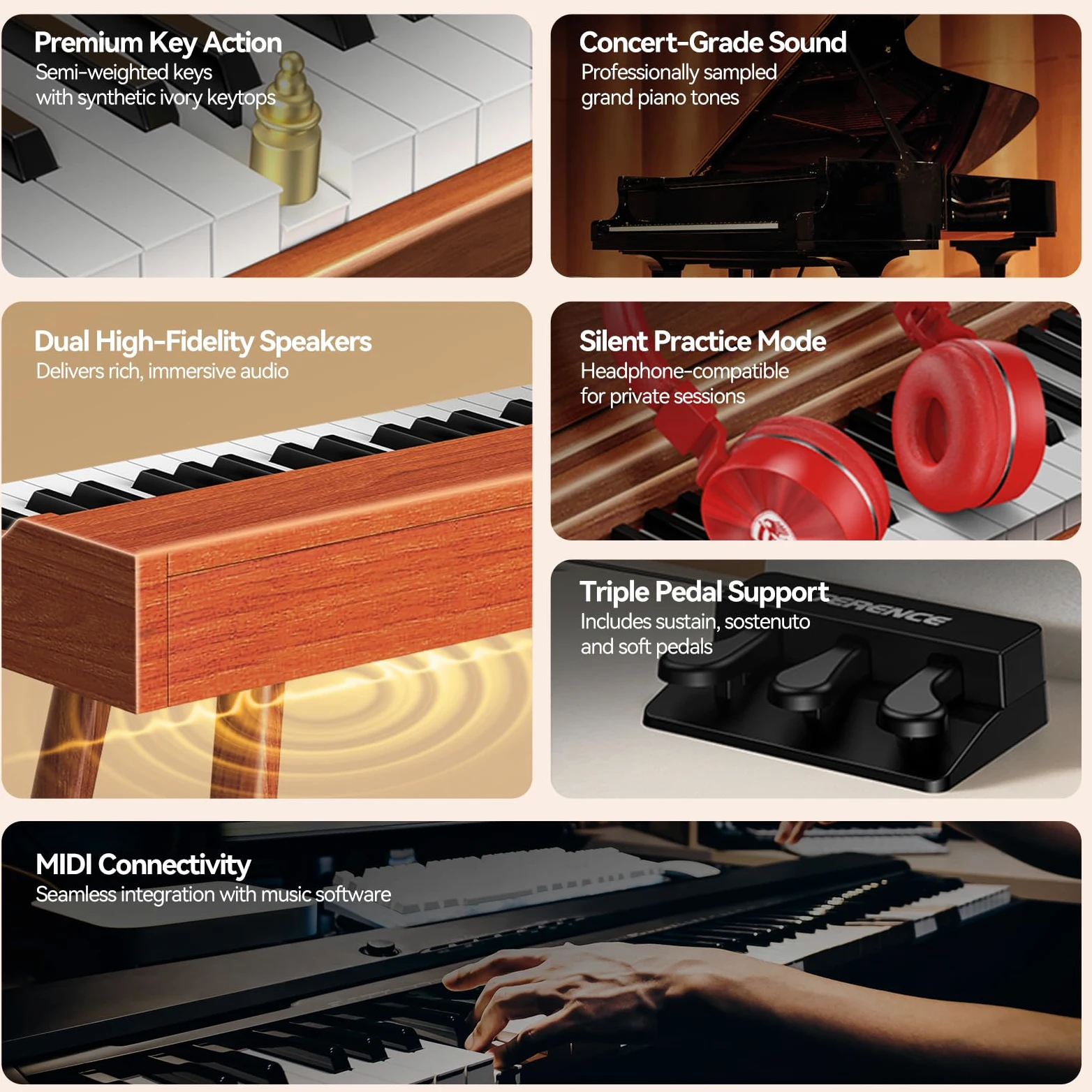 TERENCE P10 E Piano 88 Tasten – Für Anfänger, Studenten & Heimunterhaltung | Dreifach-Pedal-System, 20W Stereo-Lautsprecher, Doppelte Kopfhöreranschlüsse