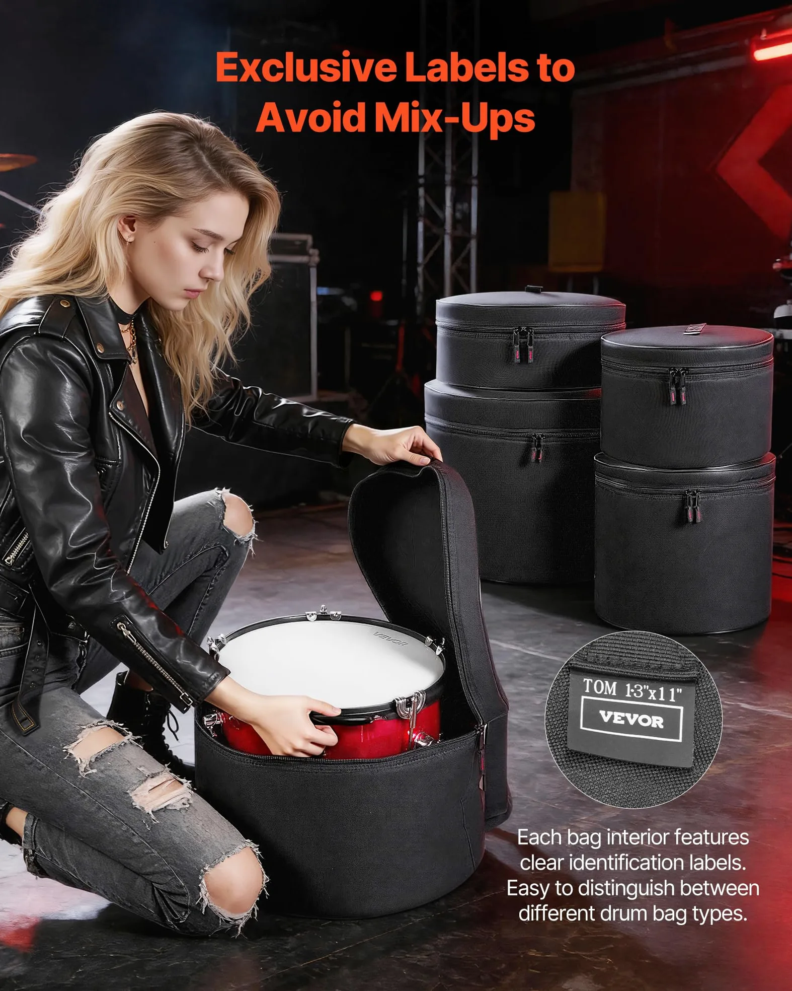 VEVOR 5 tlg. Schlagzeugtaschen Set, Drum Taschen Set, 600D Oxford-Stoff, gepolstert mit festen Schulterriemen & rutschfesten Tragegriffen, für Transport & Aufbewahrung von Drum, Kick, Tom & Snare