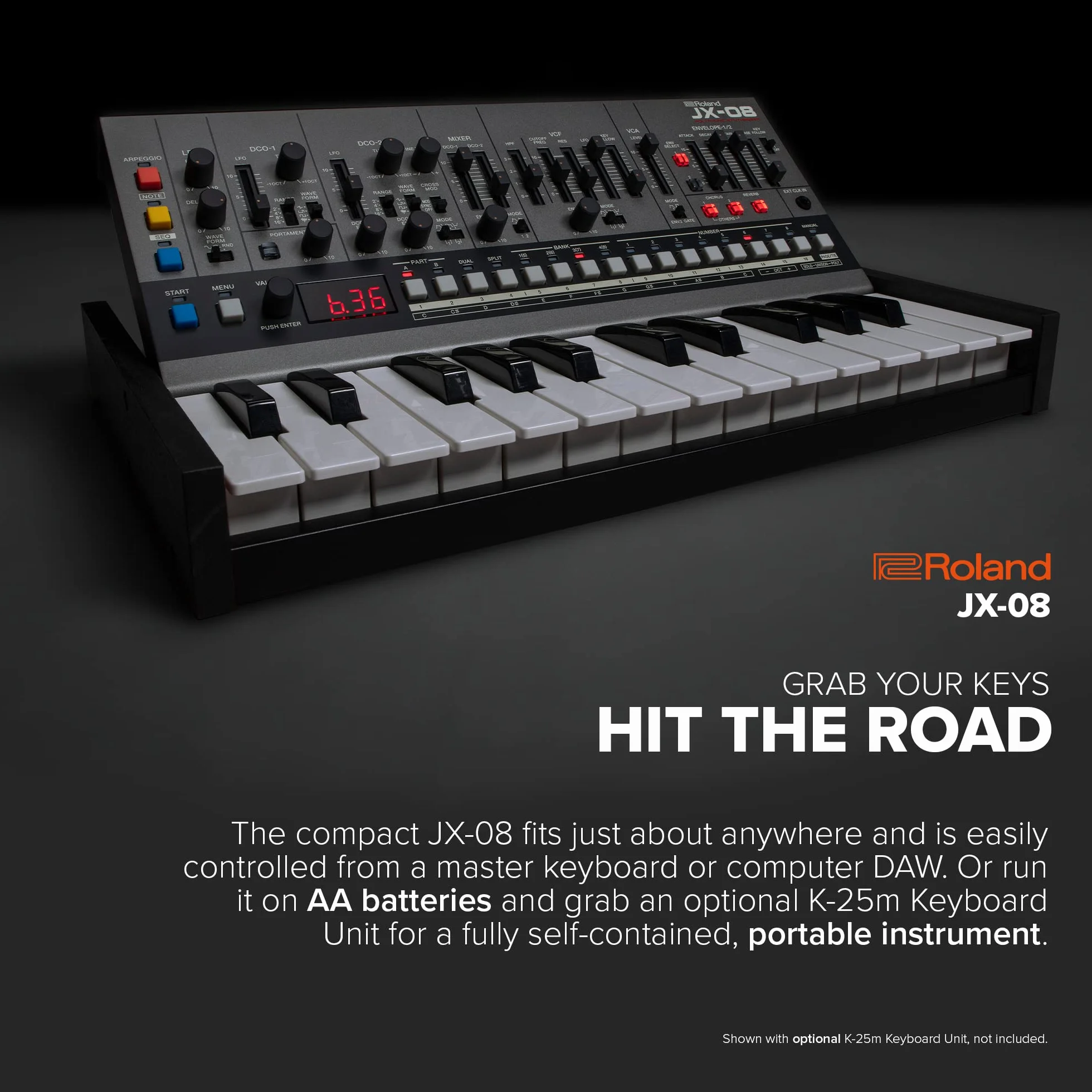 Roland JX-08 Soundmodul Boutique-Synthesizer – Kompakte, moderne Nachbildung des legendären Roland JX-8P von 1985 mit neuen Effekten, polyphonem Sequencer und mehr – Leicht, mobil
