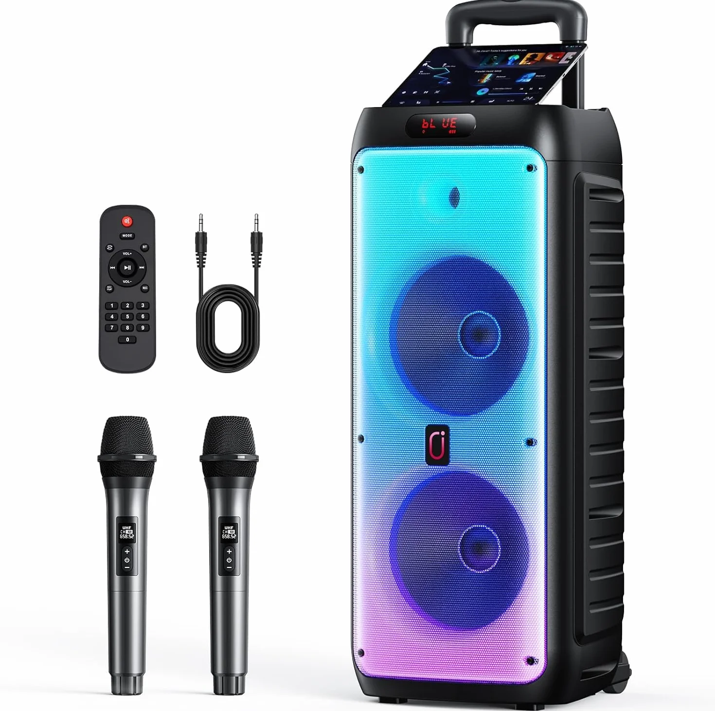 JYX Karaoke Maschine mit 2 Mikrofonen, LED Licht – Bluetooth 5.3, TF/USB/AUX/TWS/LIVE, Karaoke Box & PA Anlage für Party, Outdoor, Zuhause, Erwachsene, Perfekt für Gesang & Duette