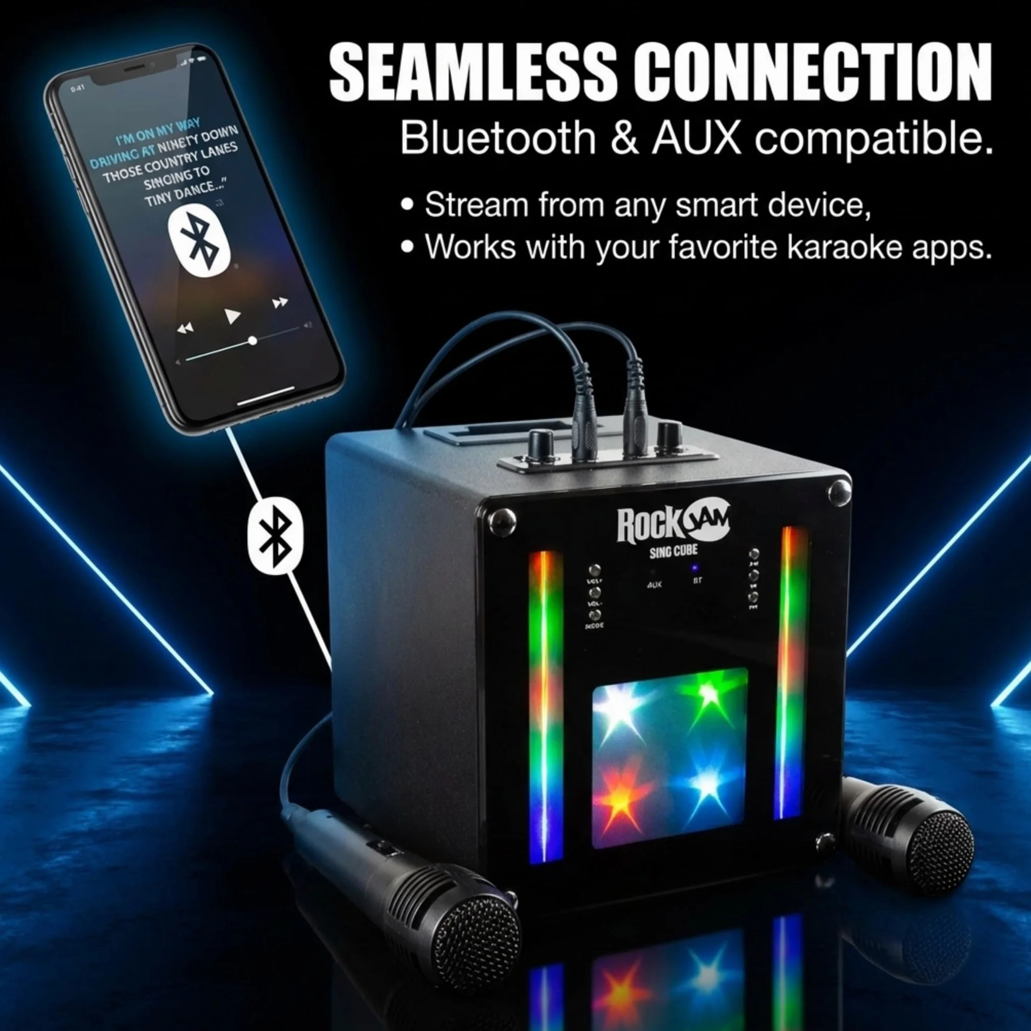 RockJam Singcube 5-Watt Rechargeable Bluetooth Karaoke Machine with Two Microphones, Voice Changing Effects & LED Lights