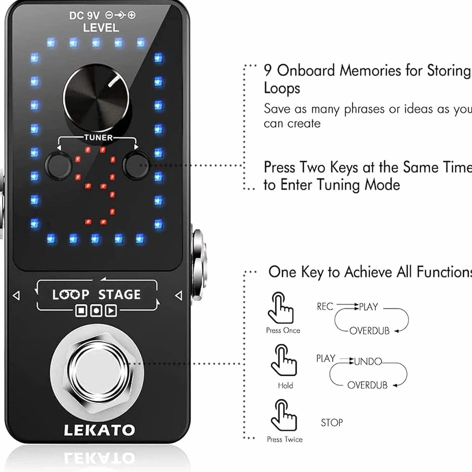 Guitar Looper mit Netzteil, LEKATO 9 Loops 40 Minuten Aufnahmezeit Gitarren-Looper Eingebautes Stimmgerät Unbegrenzter Overdub Elektronisches Looper-Effektpedal für E-Gitarren-Bass (mit Adapter)