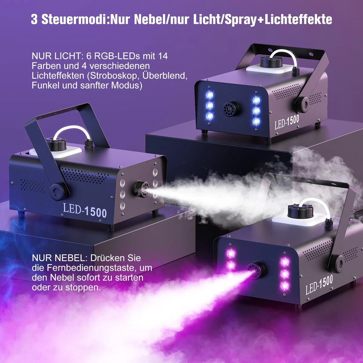 UKing 1500W Nebelmaschine 6 RGB LED,Partylicht Rauchmaschine mit Fernbedienung und 1L Tank,Hohes Nebelvolumen für Hochzeit, Party, Theater, Halloween, Weihnachten