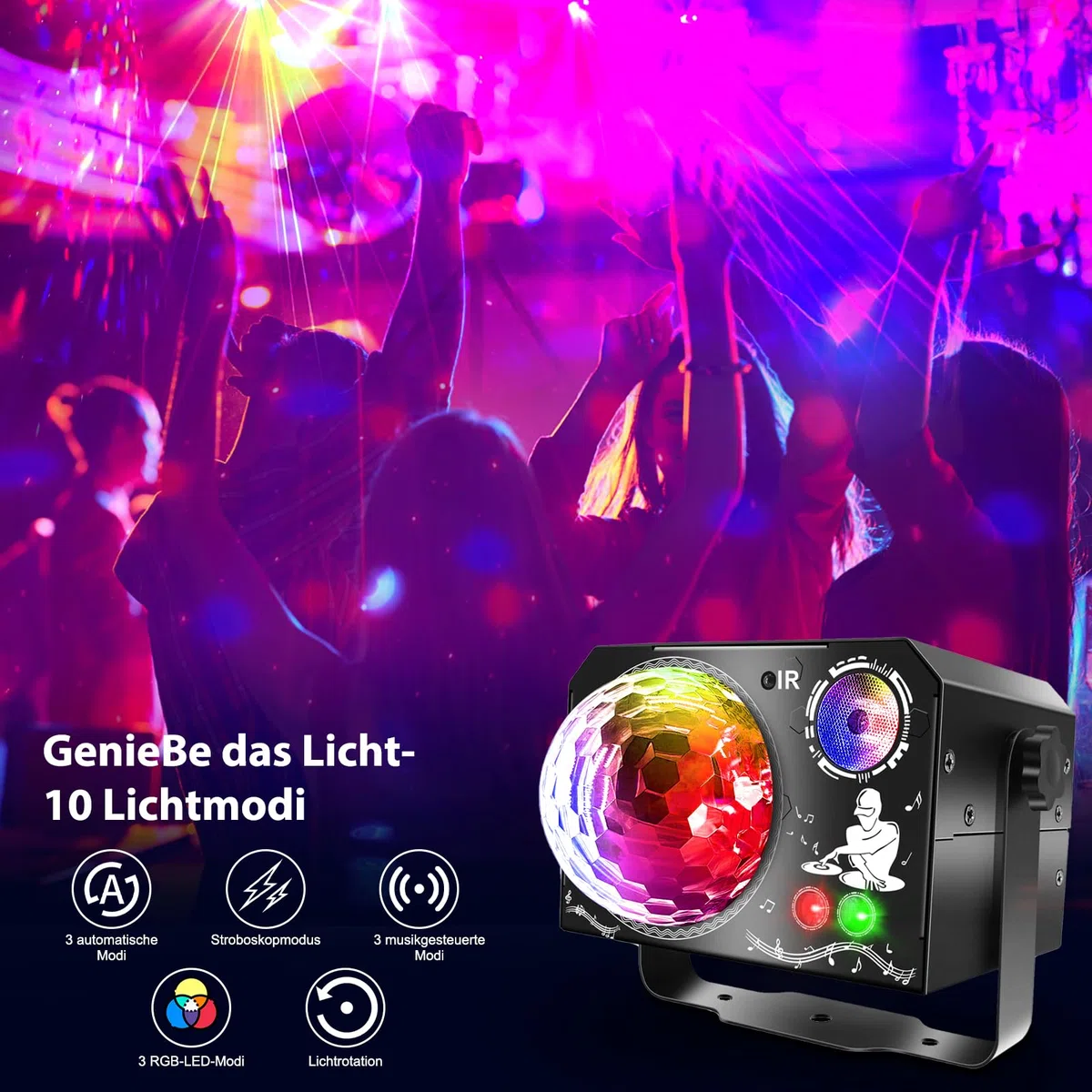 4 in 1 Discokugel, Fwiull DJ Discolicht Partylicht 65 Muster, Musikgesteuert Disco Party Licht, RGB UV Stroboskop, Sprachsteuerte Party Lampe mit 2M USB für Party Fest Klub Halloween Weihnachten