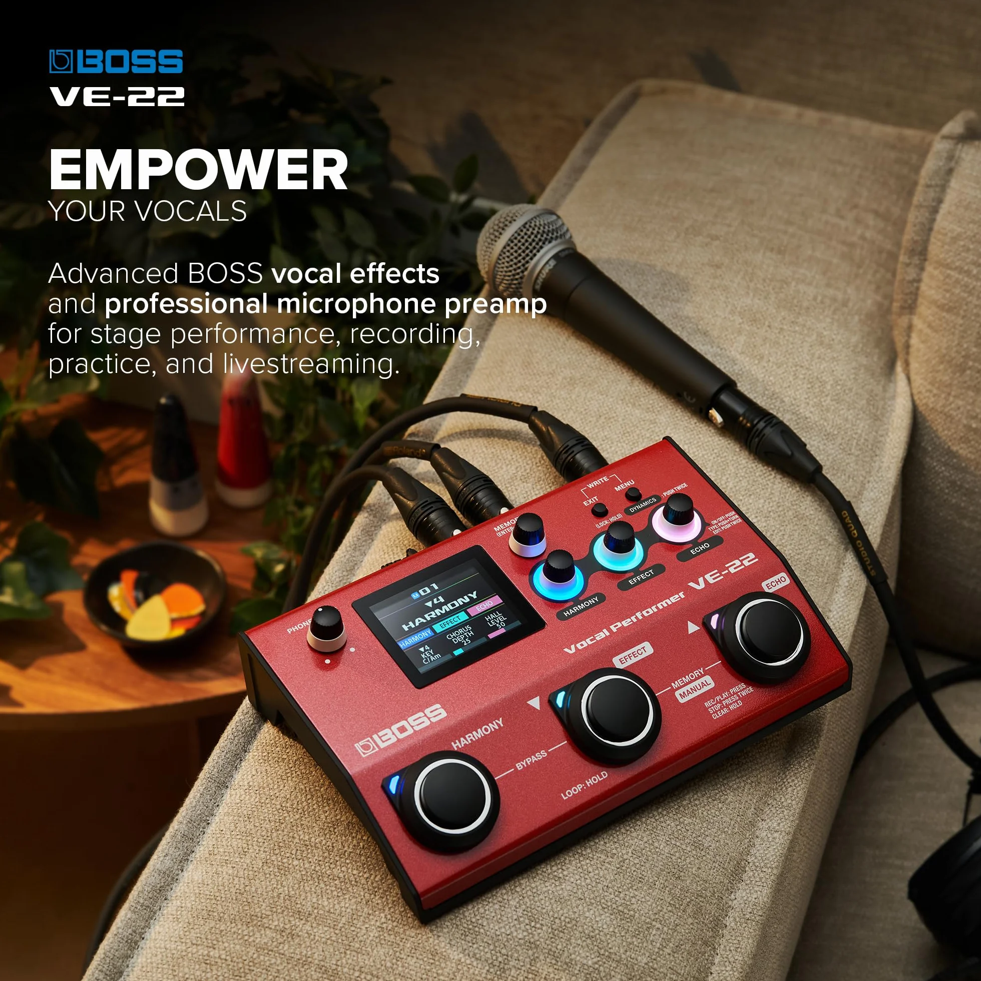 BOSS VE-22 Vocal Performer | Moderner Multieffekt-Prozessor für Sänger | Leistungsfähige Harmonie- & Doubler-Funktionen | Automatische Tonhöhenanpassung | Perfekt für Live-Performances