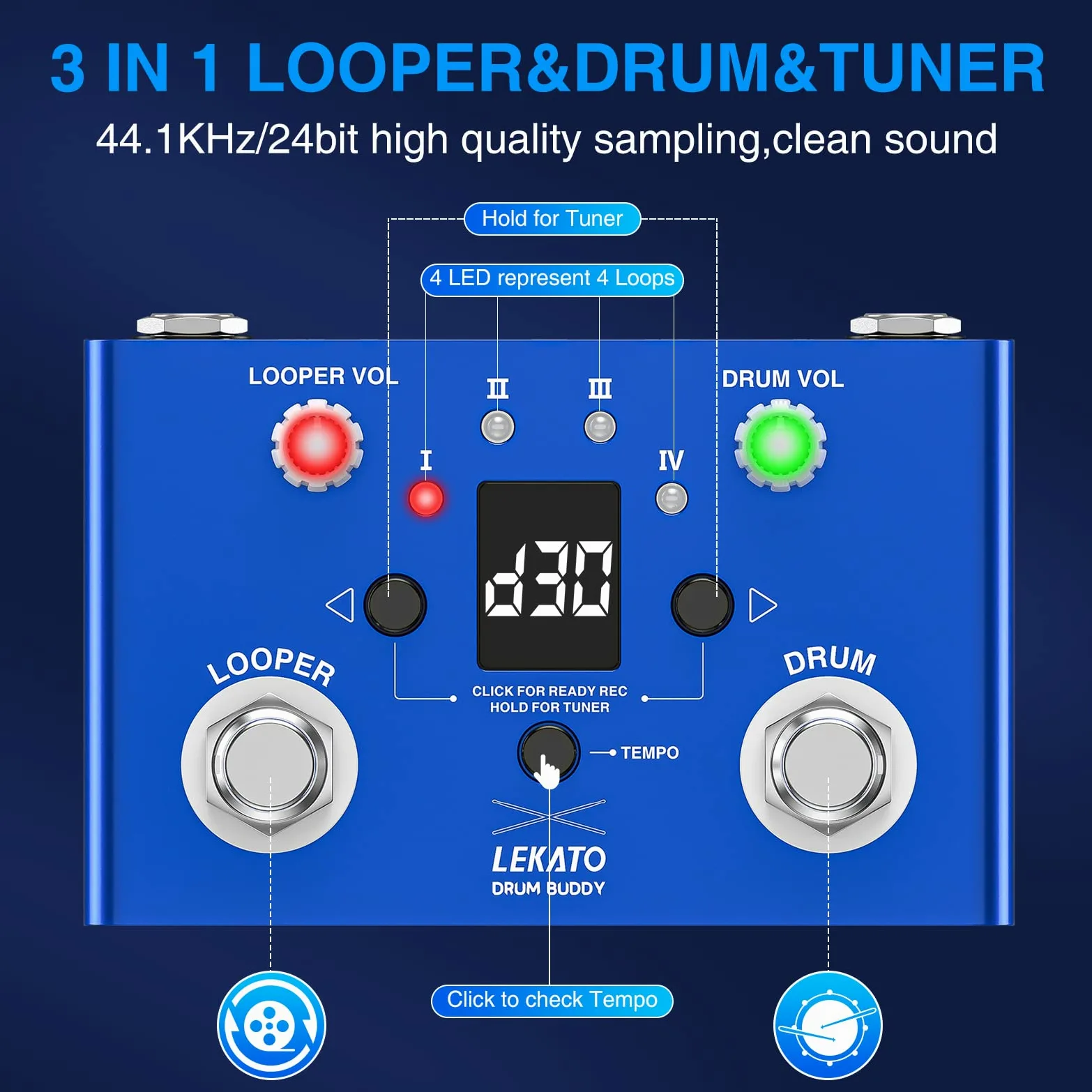 LEKATO Drum Looper Pedal mit Stimmgerät, 4 Loops, 11 Minuten Loop Pedal mit Drumcomputer 30 Trommeln mit App zum individuellen Bearbeiten und Speichern für E-Gitarre und Bass, Tempo klopfen