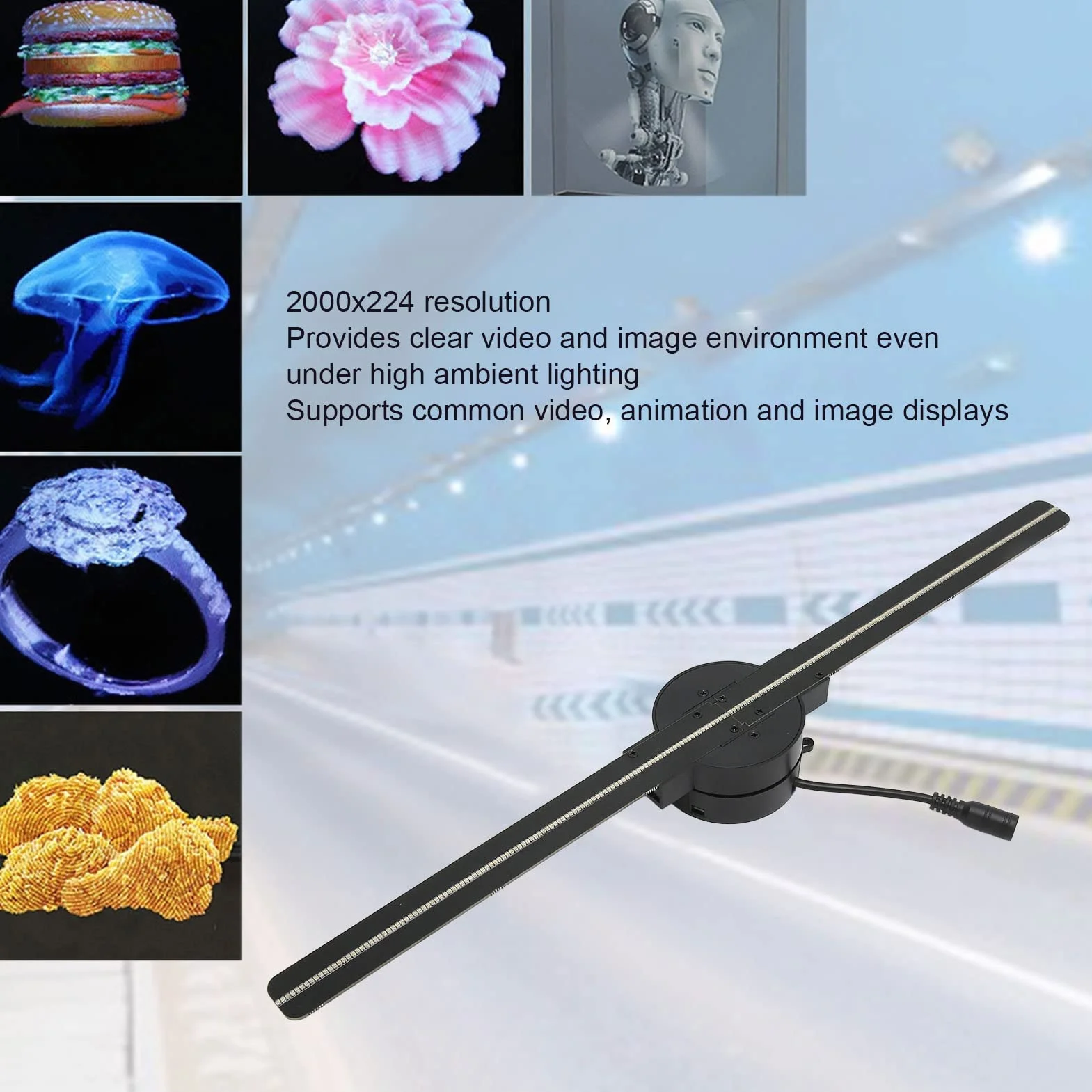 3D 16,5-Zoll-LED-Hologramm-Lüfter, 224 Lichtperlen, Hochauflösender 3D-Werbeplayer, Unterstützt Holografische Projektion für Heimwerbung (EU-Stecker)