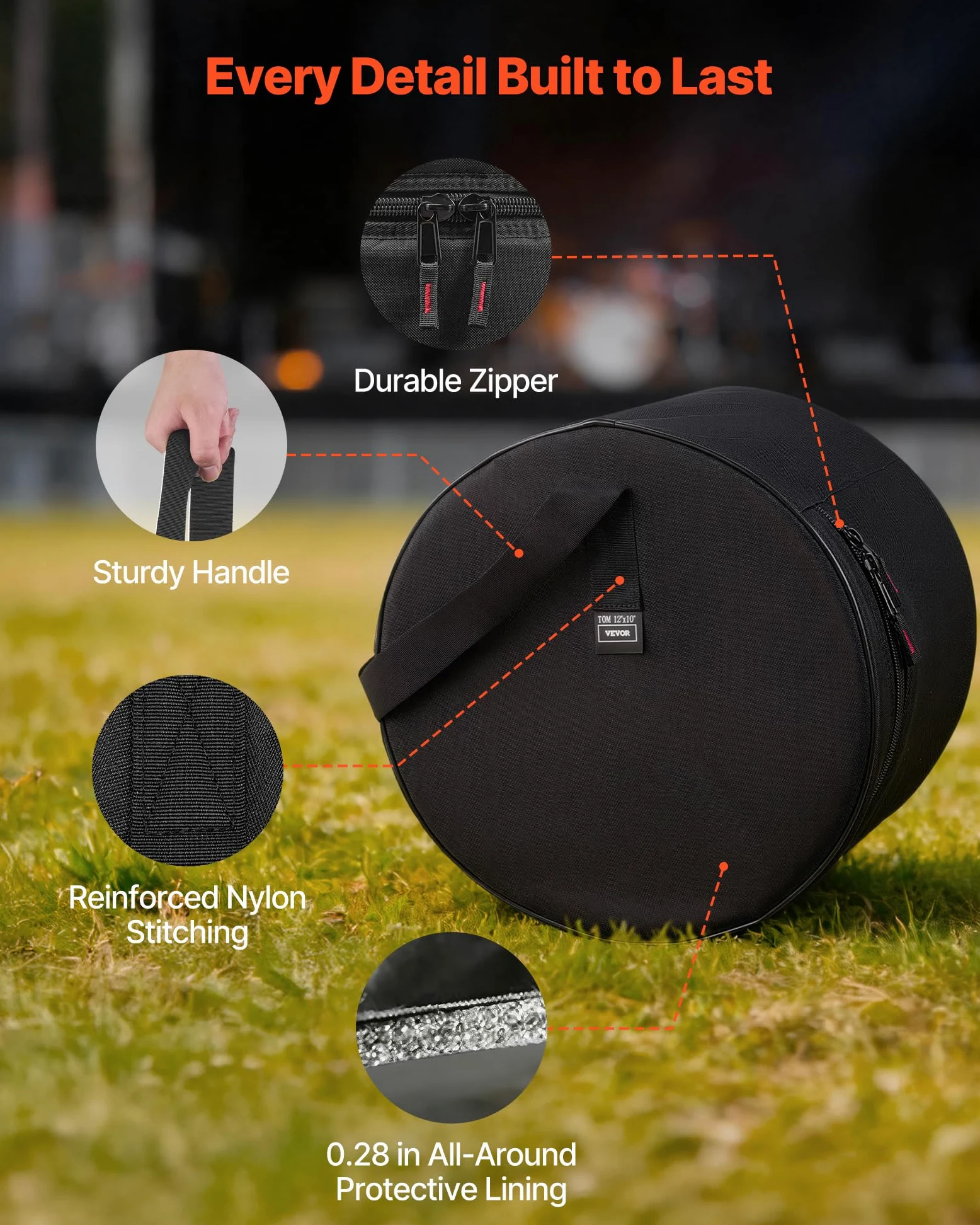 VEVOR 5 tlg. Schlagzeugtaschen Set, Drum Taschen Set, 600D Oxford-Stoff, gepolstert mit festen Schulterriemen & rutschfesten Tragegriffen, für Transport & Aufbewahrung von Drum, Kick, Tom & Snare
