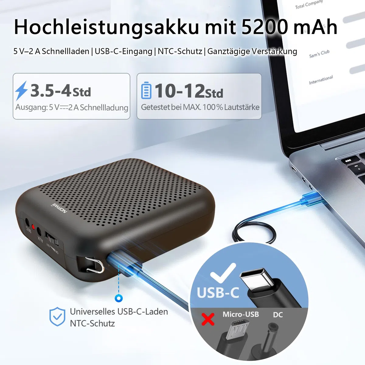 Norwii Kabelloser Sprachverstärker für Lehrer, Tragbarer Bluetooth Lautsprecher mit 2 Headsets, Mini Megafon PA-Endstufen für den Unterricht, Reiseleiter & Reden, 15W Leistung, 5200mAh Akku