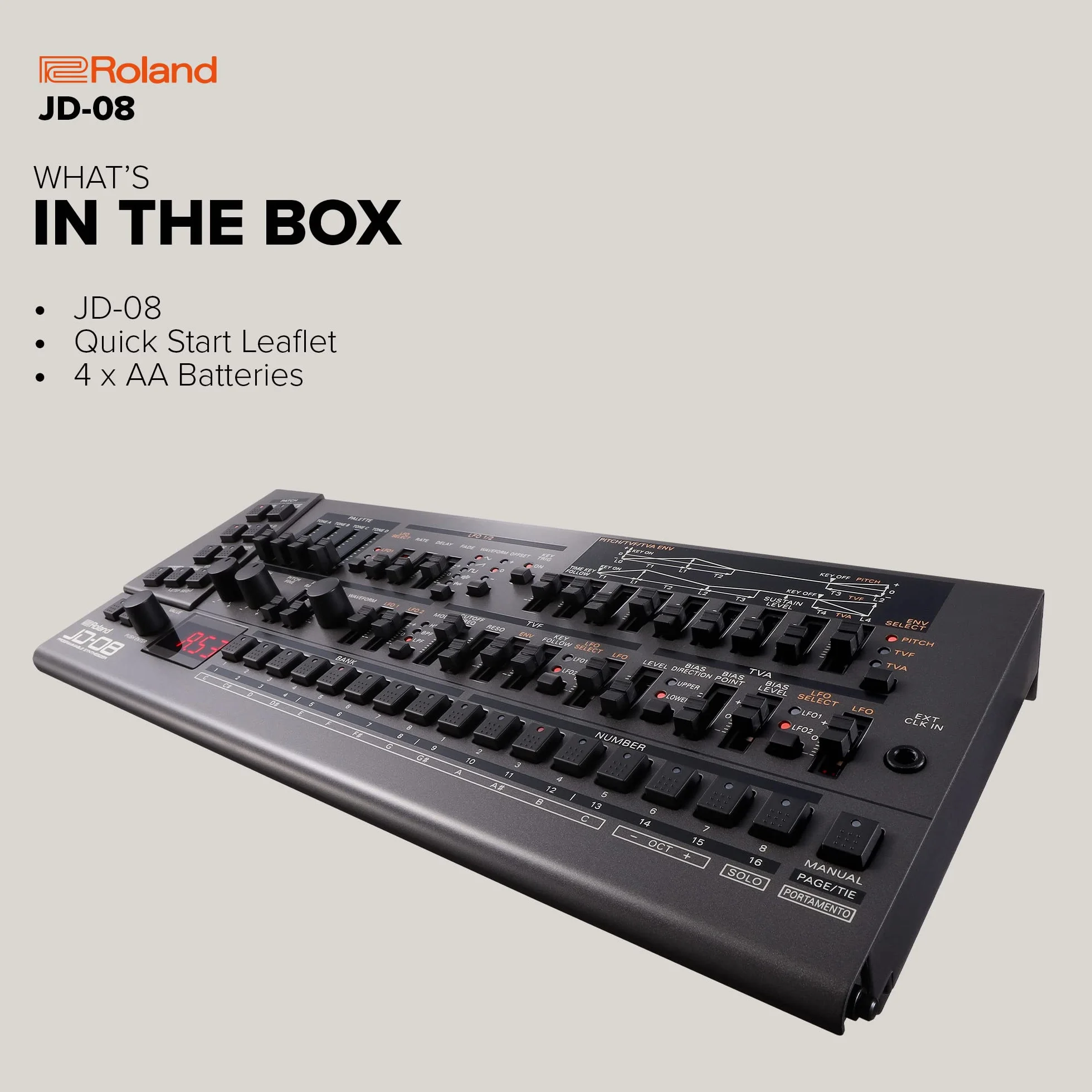 Roland JD-08 Soundmodul Boutique-Synthesizer – Kompakte, moderne Nachbildung des legendären Roland JD-800 aus den 90er Jahren mit neuen Effekten, polyphonem Sequencer und mehr – Leicht, mobil