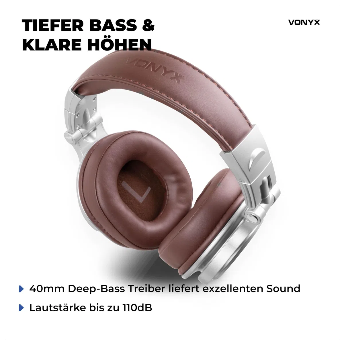 Vonyx HDX120WSN - Over Ear Kopfhörer Bluetooth, 75 Std. Akku, 40mm Treiber - Tiefer Bass, Studio Kopfhörer Kabellos - 3,5/6,3mm Klinke – Faltbar & Drehbar, Bluetooth Headphones mit Tasche - Alu/Braun