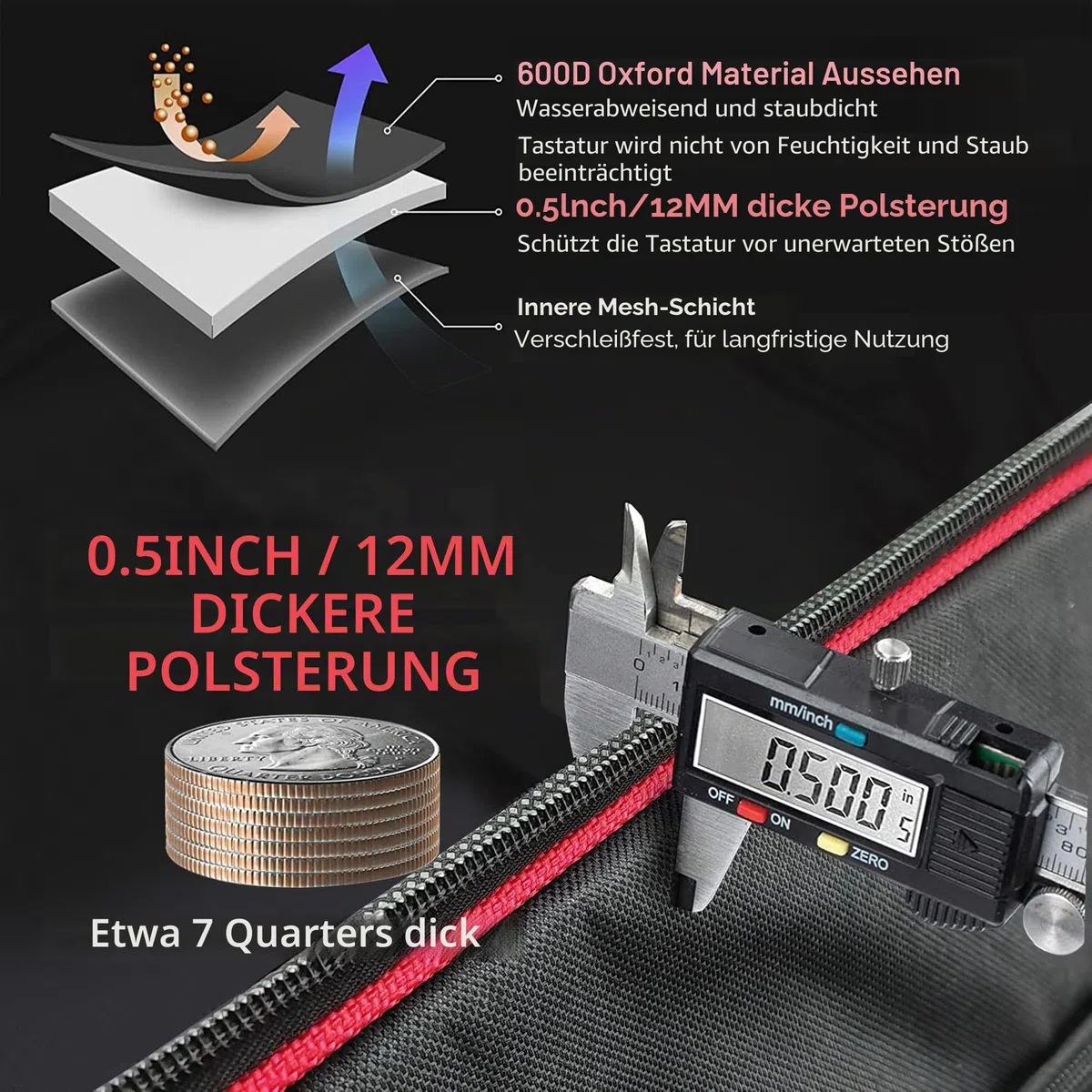 Ruibo Keyboardtasche 61 Tasten,Gigbag 600D Oxford-Tuch mit 10 mm Baumwoll-Gepolstert,Tragbar Langlebig Wasserdicht,101,6 x 40,6 x 15,2 cm,Schwarz+Rot