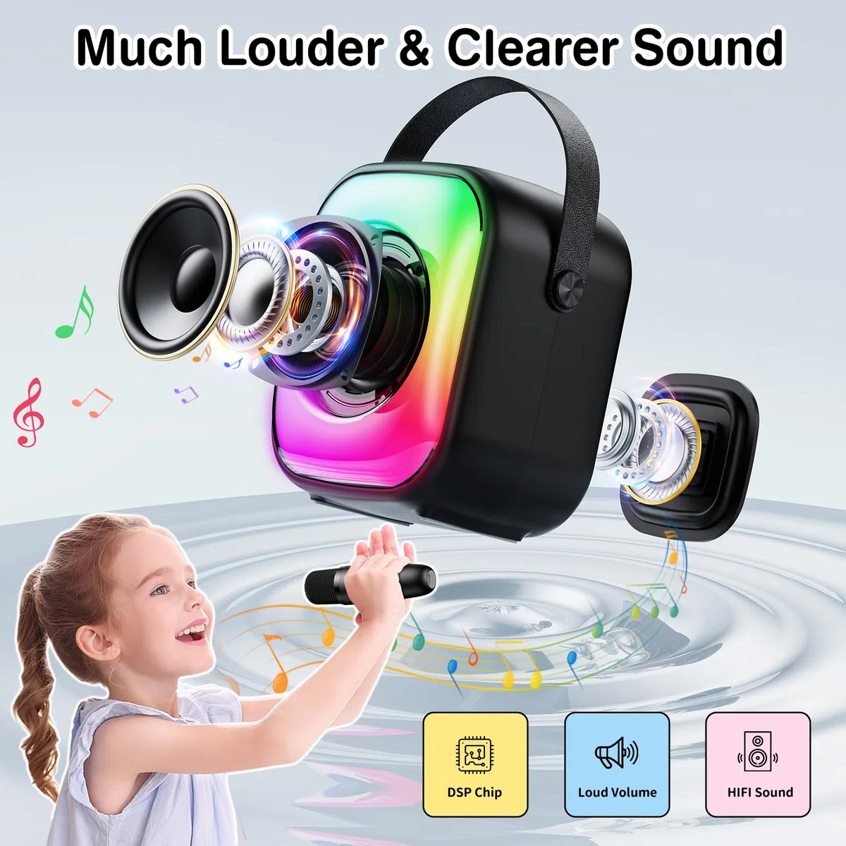 PHNIXGAM Mini Karaoke Maschine mit 2 drahtlosen Mikrofonen, Tragbarer Bluetooth Lautsprecher, Karaoke Mikrofon mit LED, Lautsprecher-Unterstützung für TF-Karte/USB, AUX in (Schwarz)