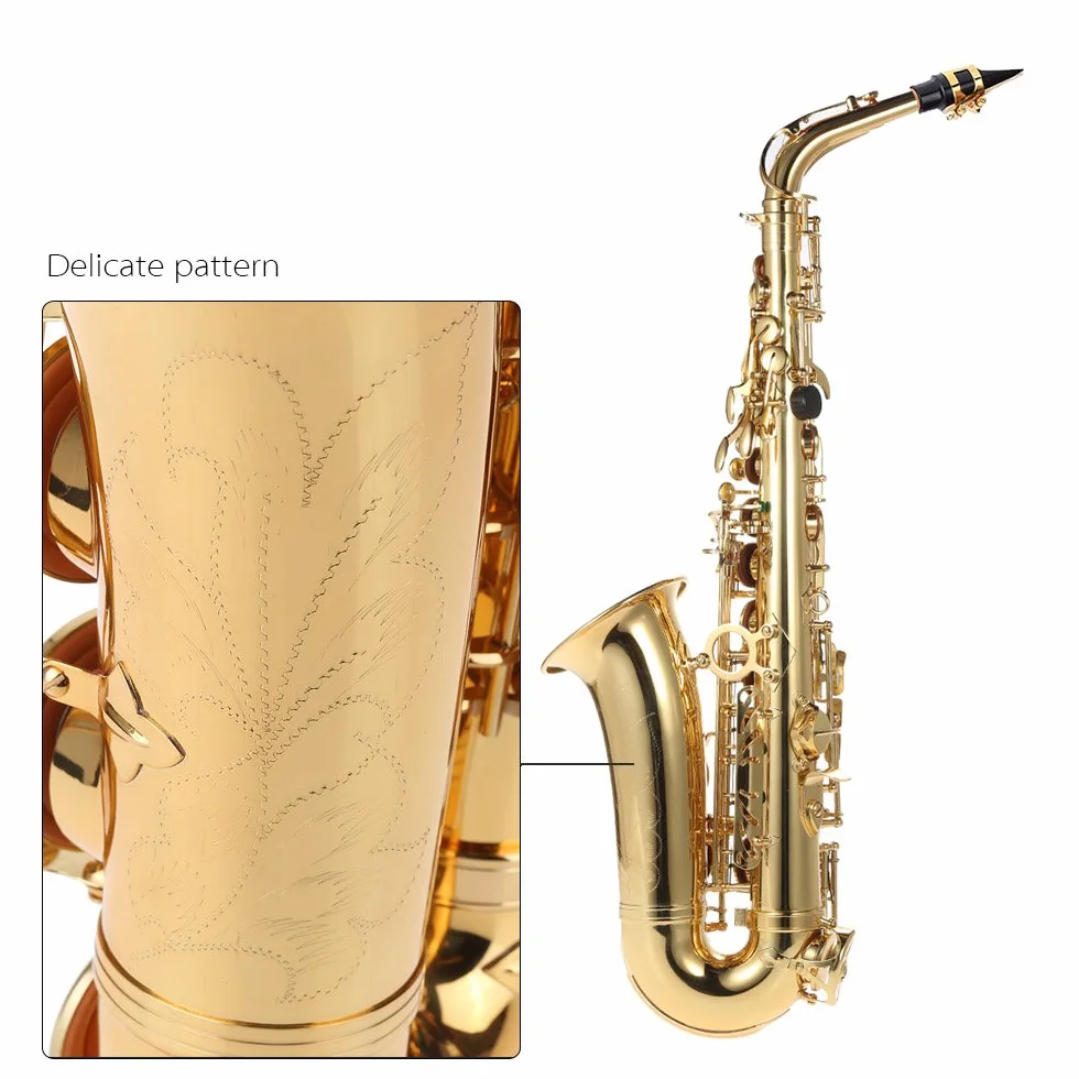 Alto Saxophon, vergoldetes Messing und Sax Becken, 802 Tonart, Woodwind-Instrument, mit Reinigungsbürste, Tuch, Handschuhen, Korkfett, gepolstertem Trageriemen