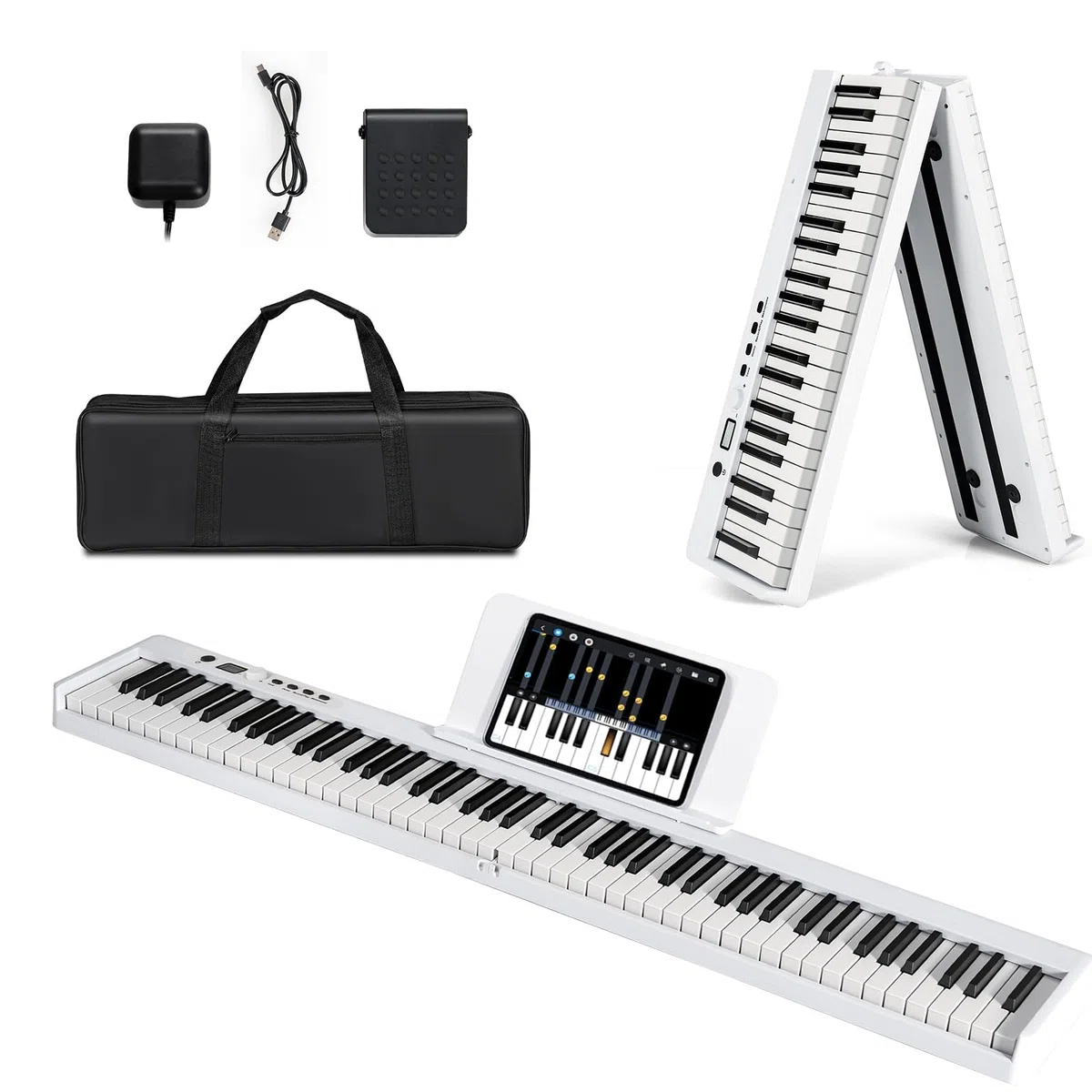 KOMFOTTEU Digitales Piano 88 Tastatur, Elektroklavier Faltbar, elektronisches Klavier, Digitale Keyboard tragbar mit Sustain-Pedal, 20 Demos/ 128 Rhythmen Digitalpiano Set (Weiß)