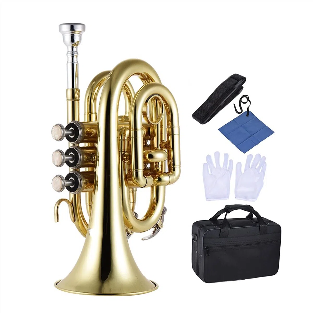 KESHUO Mini-Taschen-Trompete BB Flaches Messing-Windinstrument Mit Mundstückhandschuhen Reinigungstuch Tragetasche Trompete Messing
