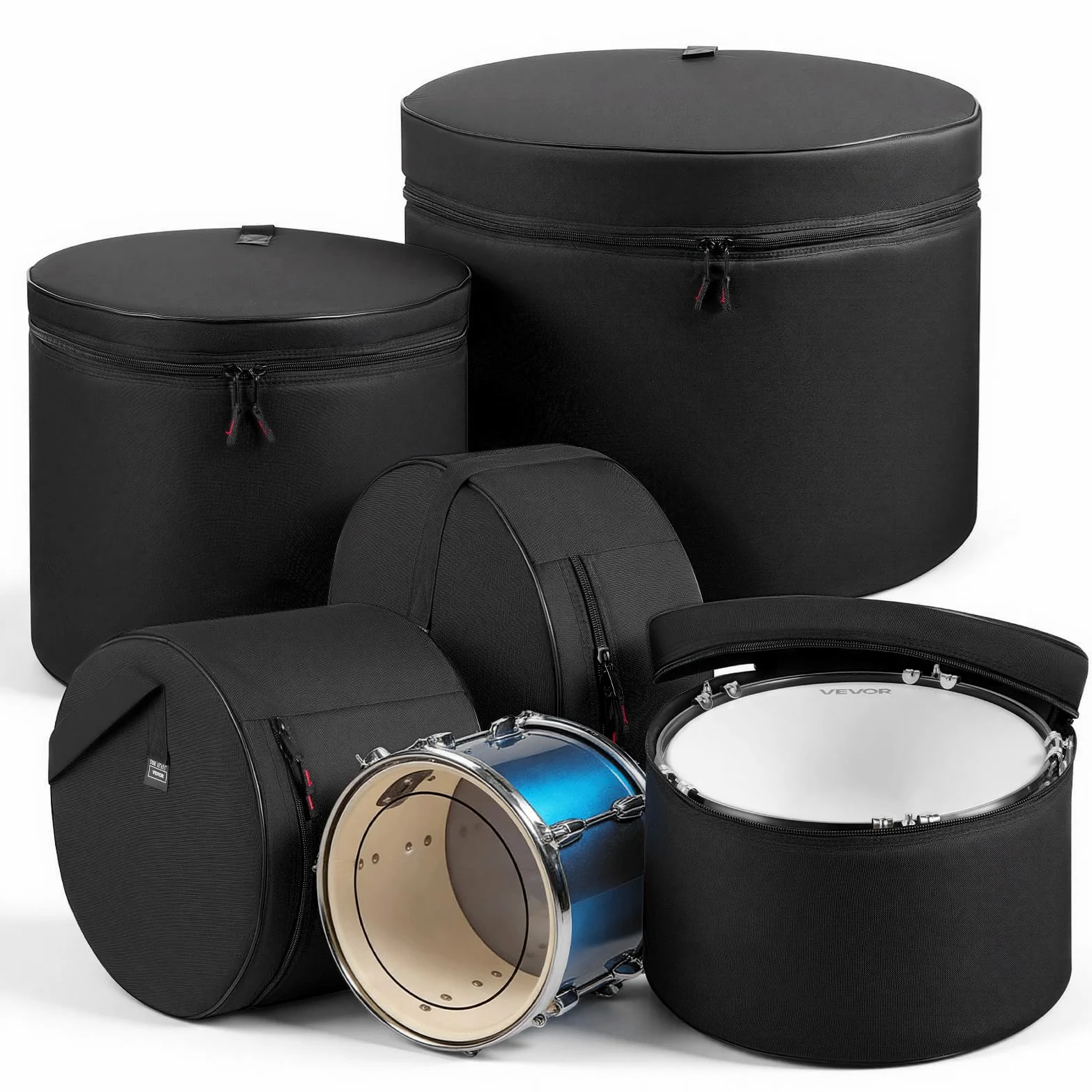 VEVOR 5 tlg. Schlagzeugtaschen Set, Drum Taschen Set, 600D Oxford-Stoff, gepolstert mit festen Schulterriemen & rutschfesten Tragegriffen, für Transport & Aufbewahrung von Drum, Kick, Tom & Snare