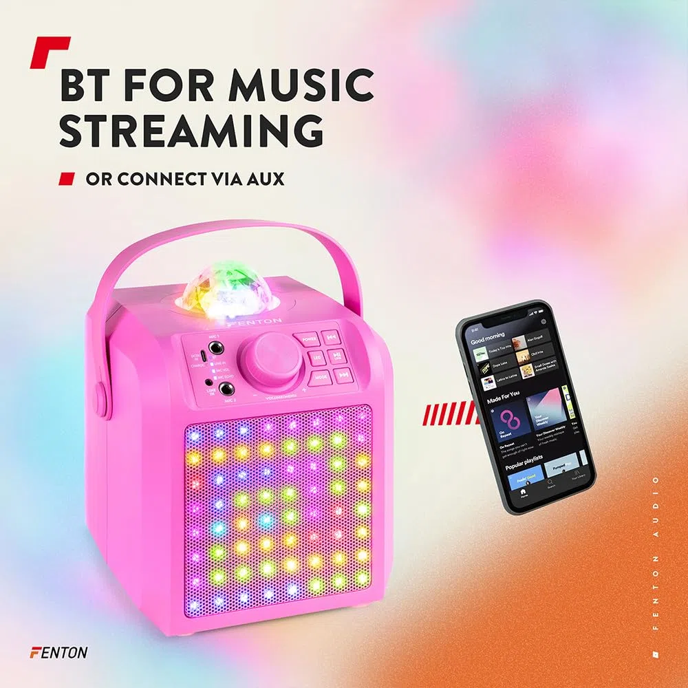 Fenton KAR55P – Musikbox Kinder Karaoke Anlage mit 2 Mikrofonen, Jelly Ball LED-Discolicht, Bluetooth, 10 Std. Akku, 50 Watt Leistung, AUX-Anschluss, Portable Karaoke Maschine Kinder in Pink